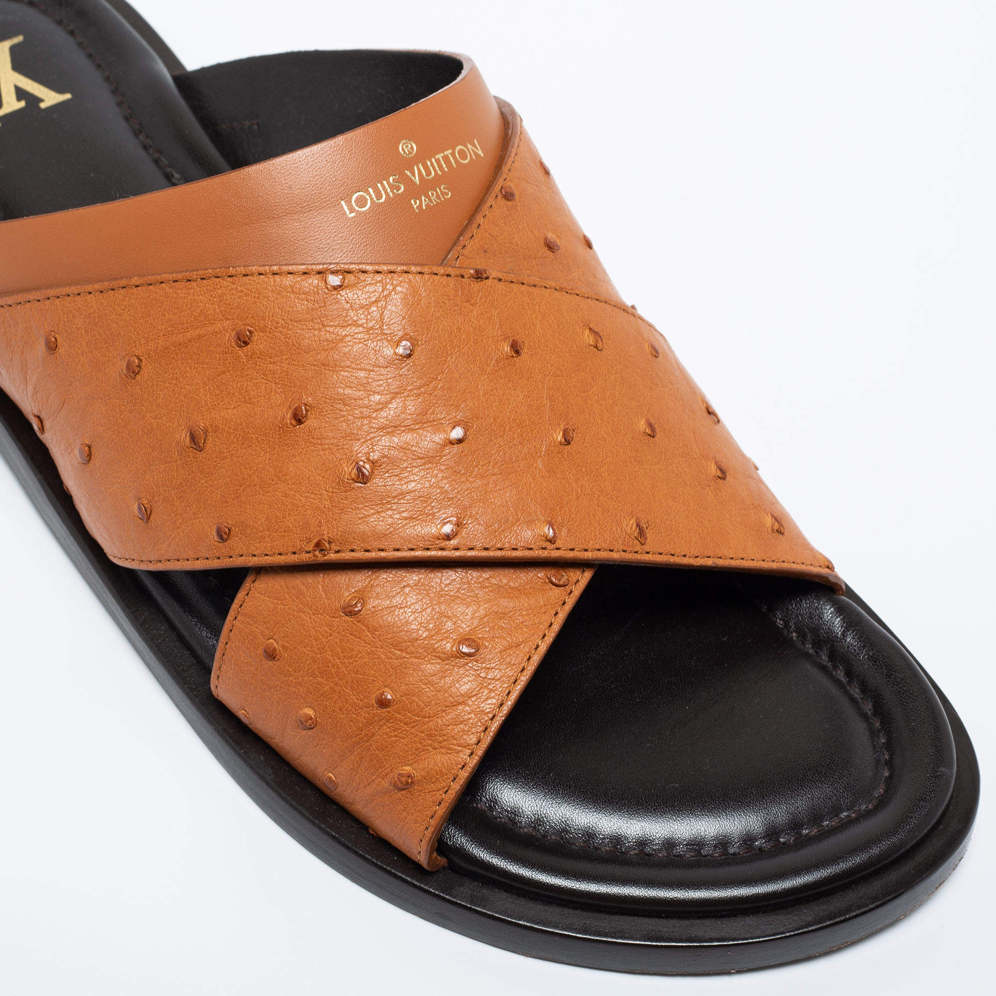 Louis Vuitton Brown Leather Foch Cross Strap Flat Slides Size 43.5