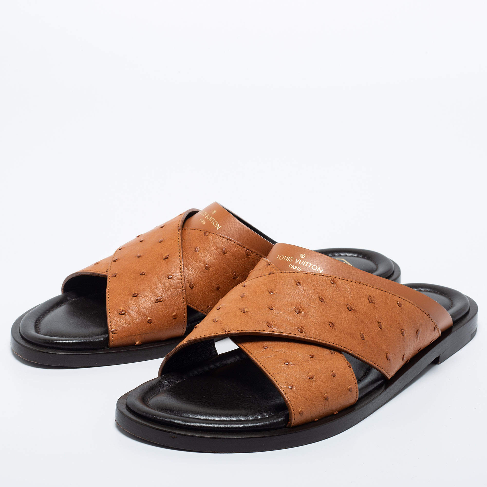 Louis Vuitton Brown Leather Foch Cross Strap Flat Slides Size 43.5