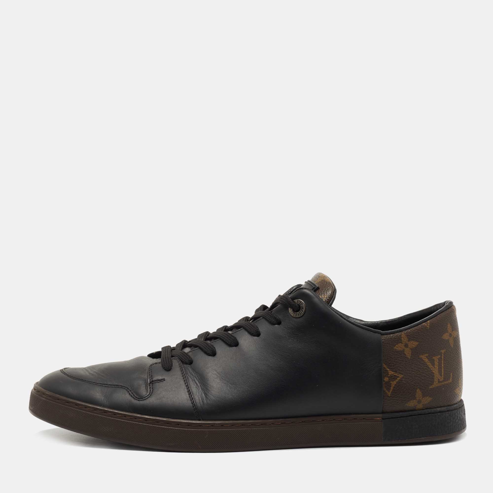 Pre Owned Louis Vuitton Black Leather and Monogram Canvas Low Top Sneakers Size 43.5 