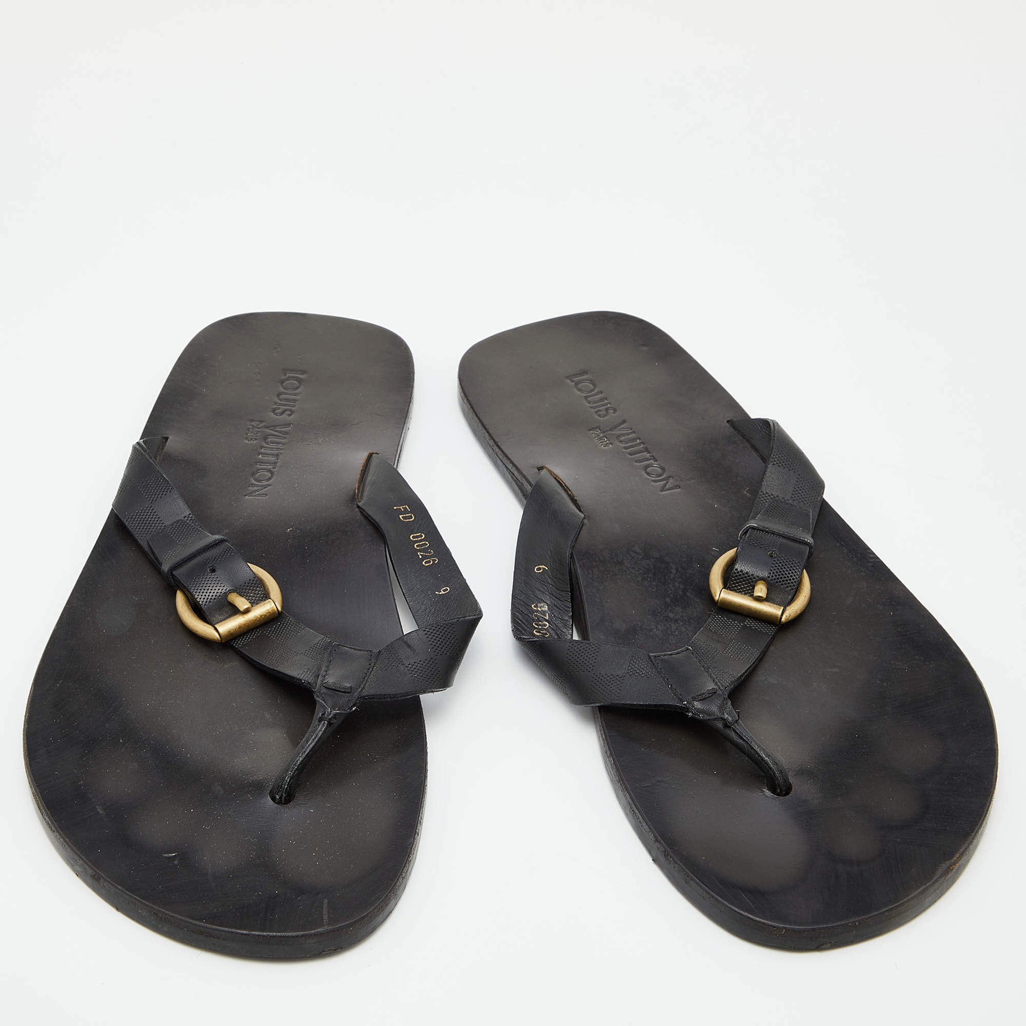 Vintage Louis Vuitton Black Leather Mens Slides Sandals Flip Flops Thongs  Size 9