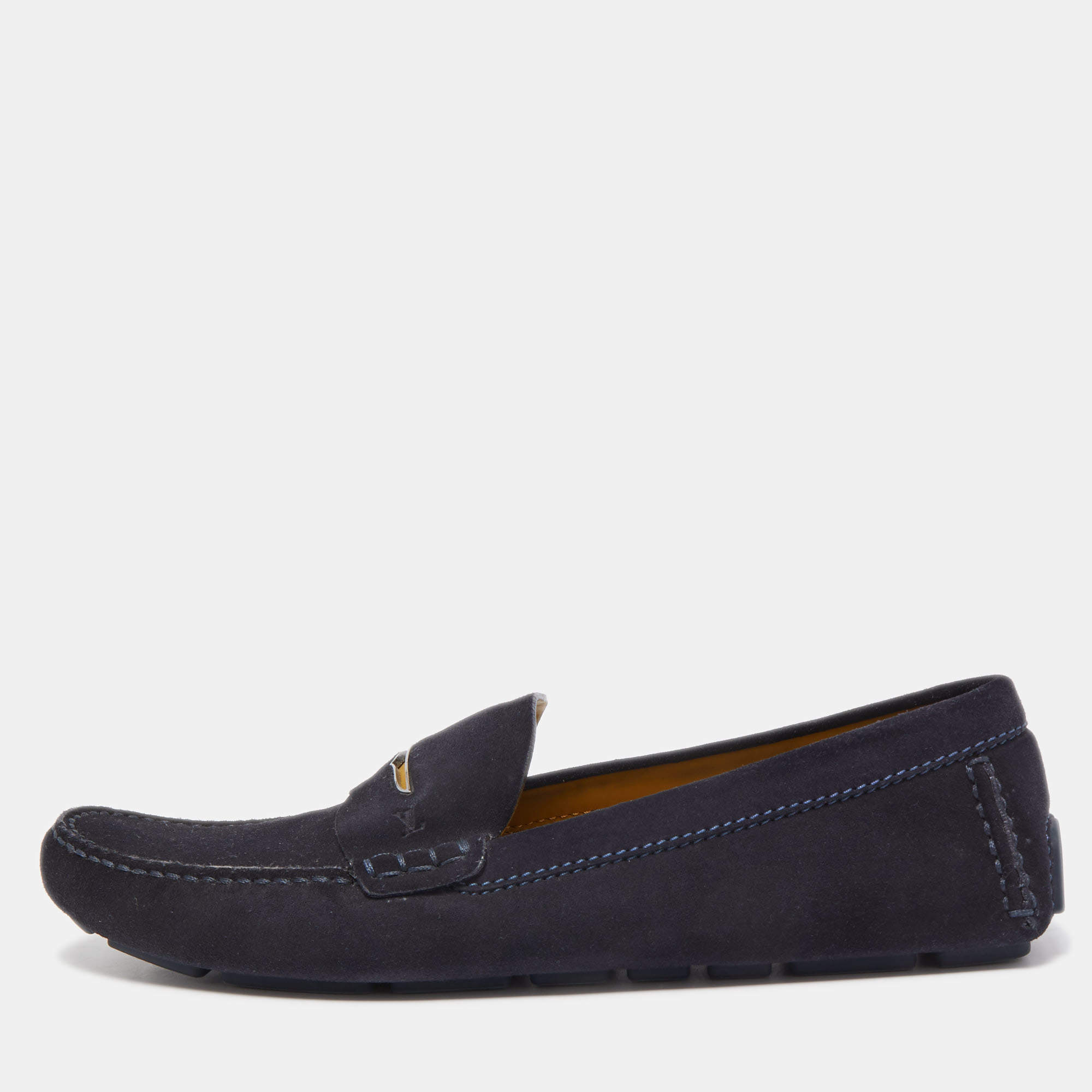 Pre Owned Louis Vuitton Navy Blue Suede Slip On Loafers Size 44.5