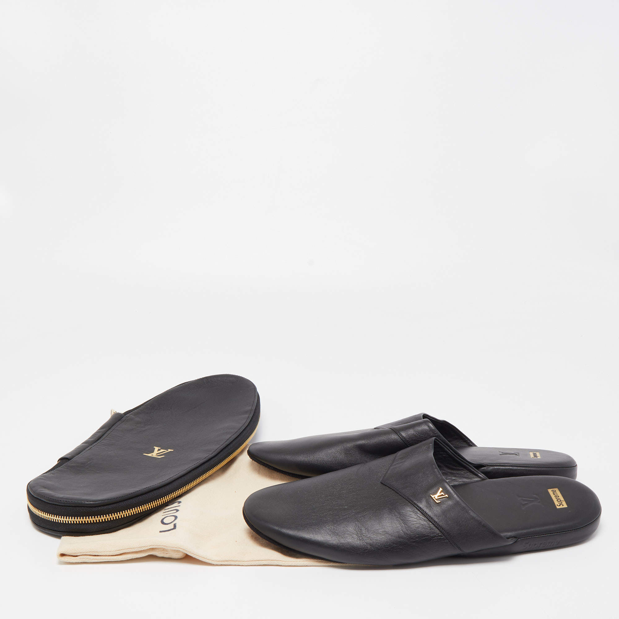 Louis Vuitton x Supreme Black Leather Slippers 7