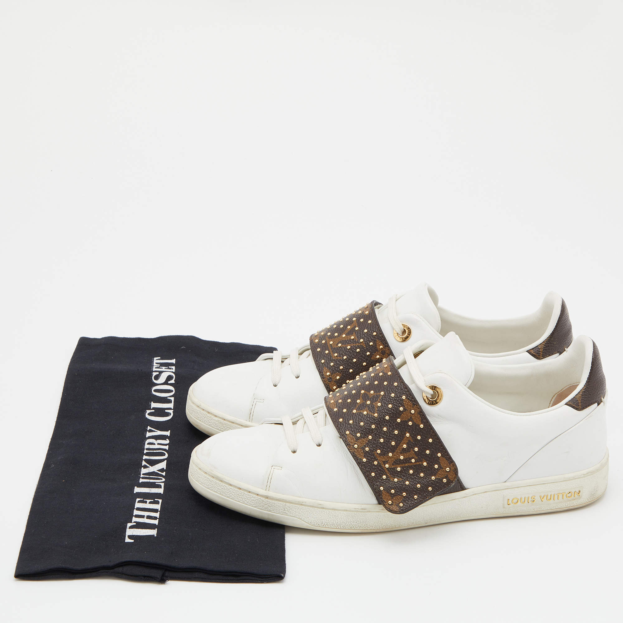 Pre-owned Louis Vuitton White/brown Monogram Canvas And Leather Studded  Frontrow Sneakers Size 38