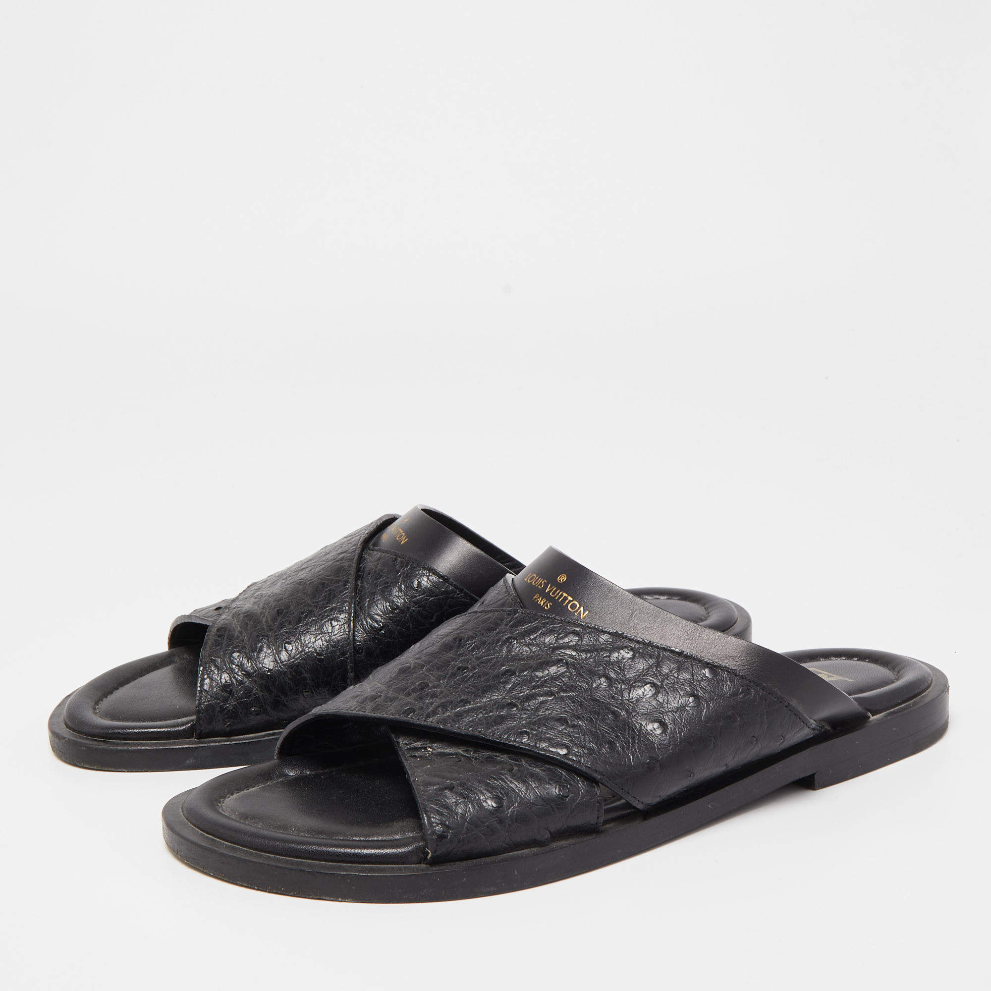Pre-owned Louis Vuitton Black Ostrich Leather Foch Sandals Size 40