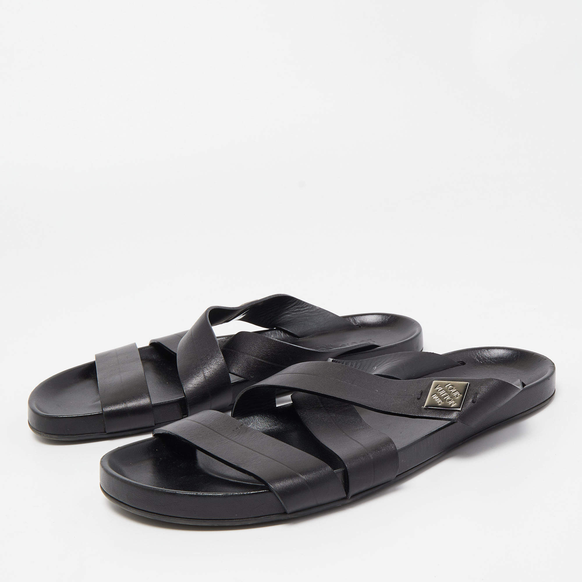 Louis Vuitton Black Leather Criss Cross Strap Slides Size 41