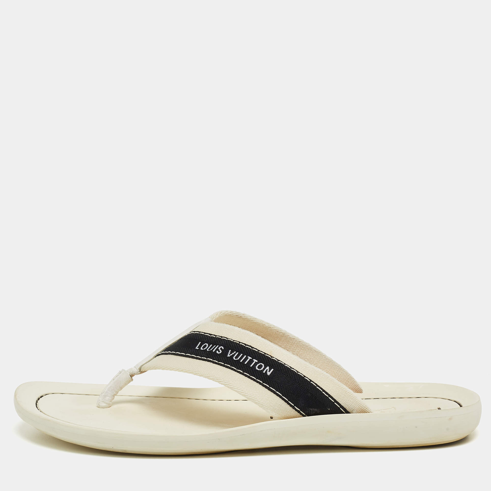 Louis Vuitton Off White/Black Logo Canvas Thong Slides Size 42.5