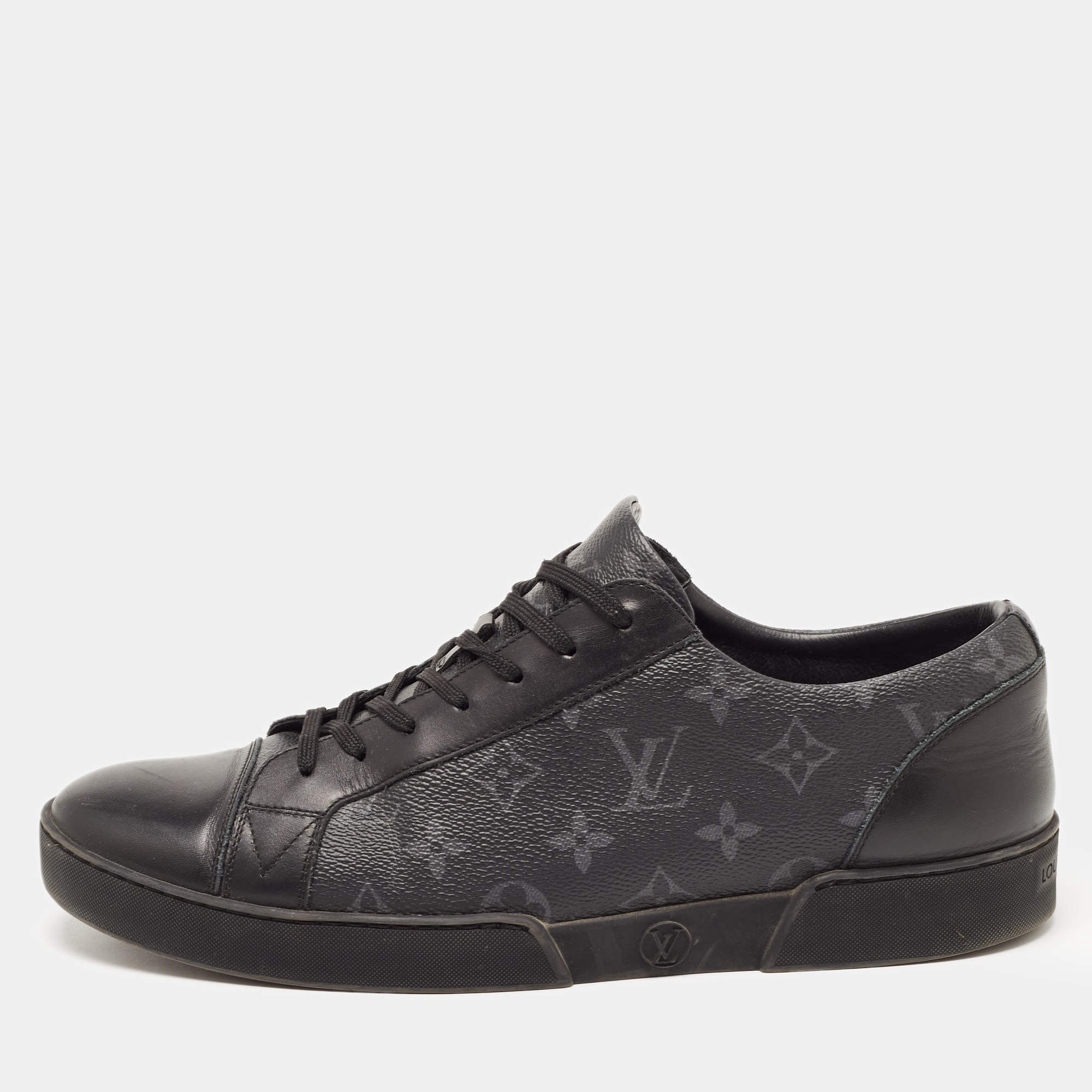 Louis Vuitton Black/Grey Leather and Monogram Coated Canvas Match Up Sneakers Size 42.5