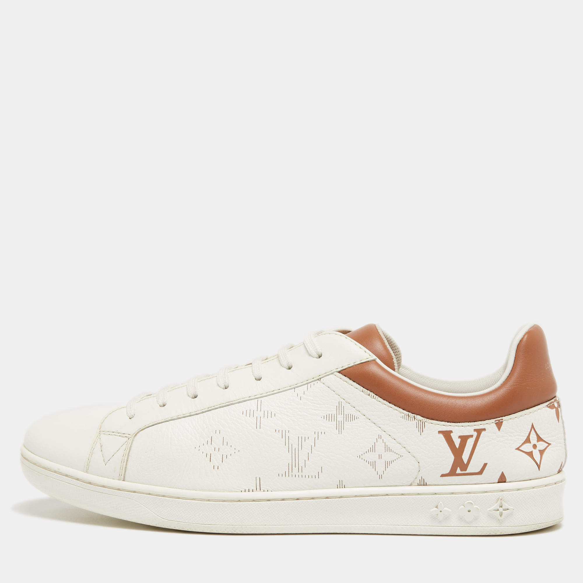 Pre Owned Louis Vuitton White/Brown Leather Luxembourg Sneakers Size 42