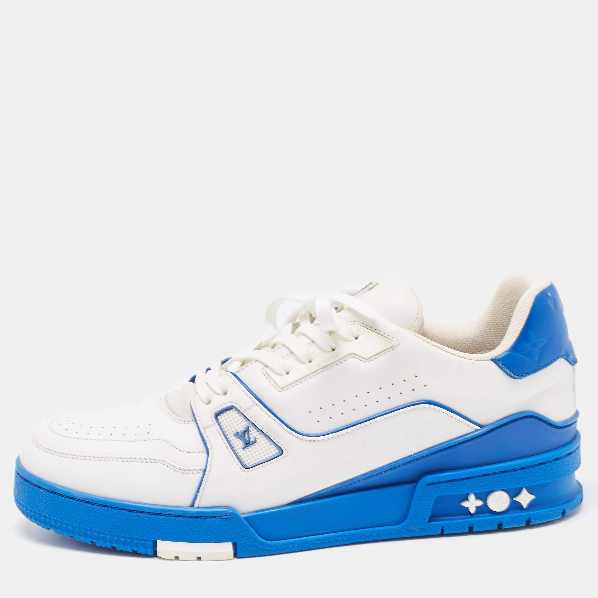 Pre Owned Louis Vuitton White/Blue Leather LV Trainer Sneakers Size 41
