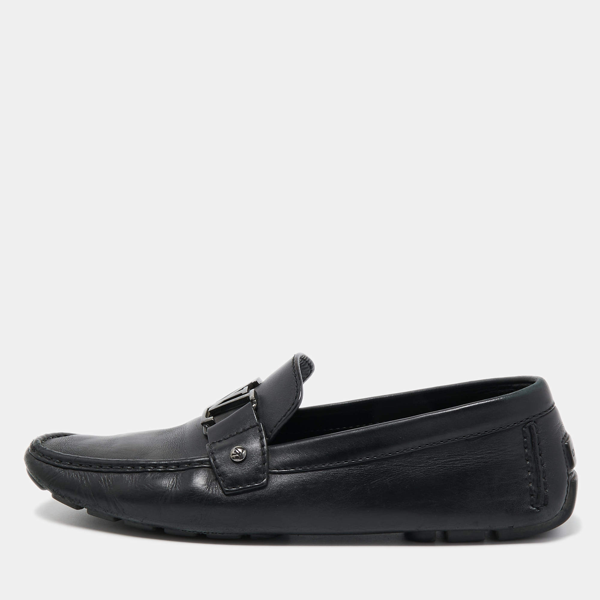 Pre Owned Louis Vuitton Black Leather Slip On Loafers Size 44.5