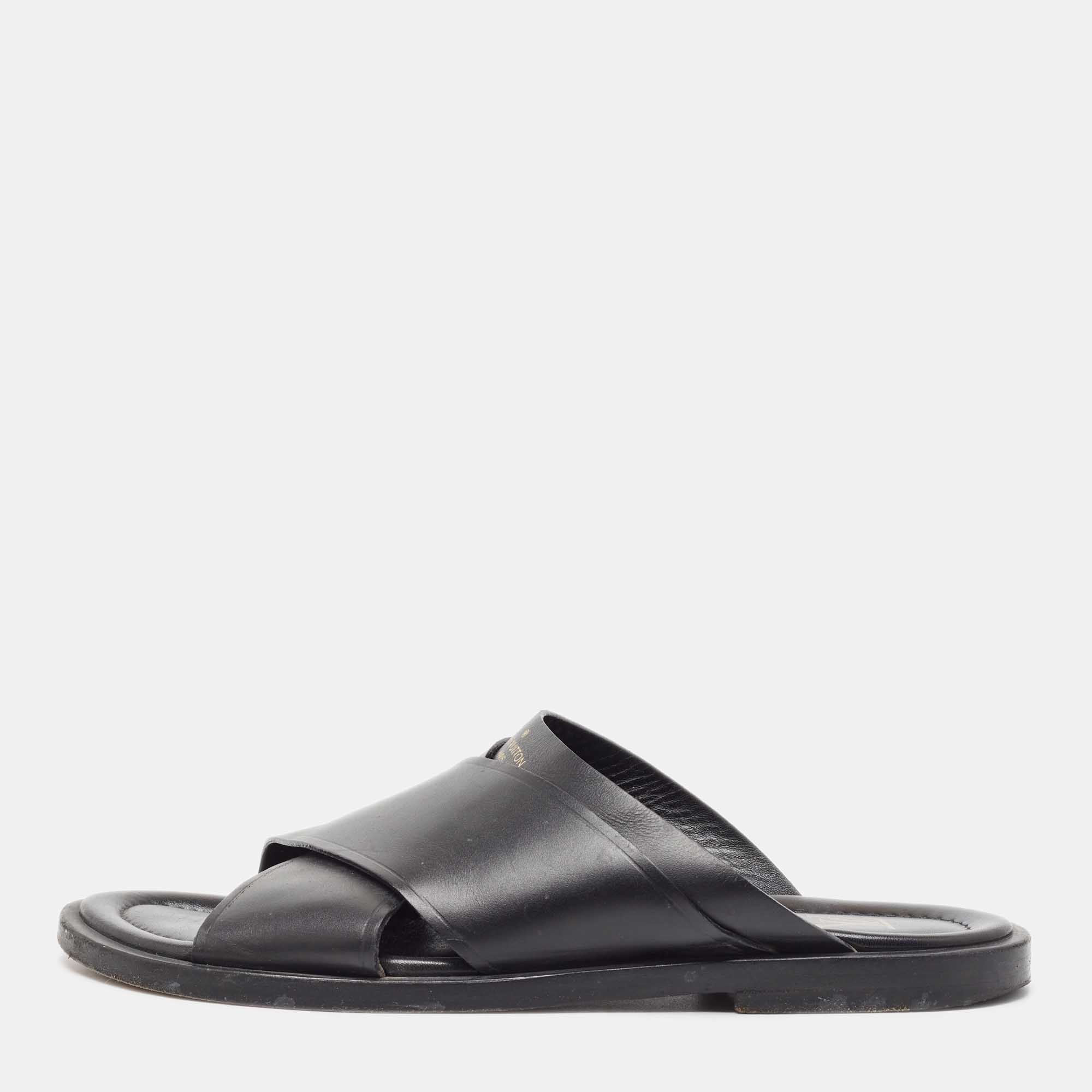 Louis Vuitton Black Leather Foch Slides Size 41