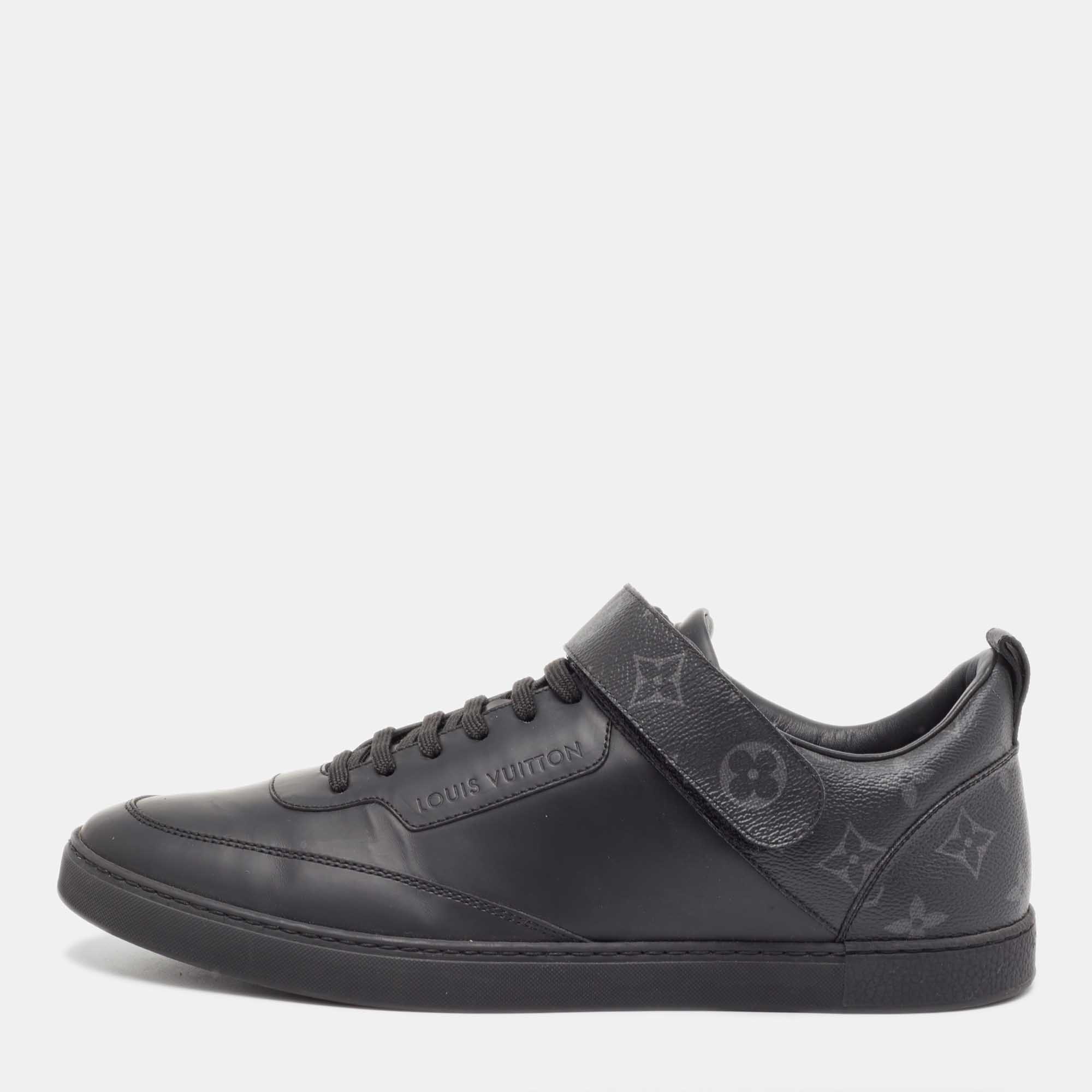 Louis Vuitton Black Leather and Monogram Canvas Velcro Low Top Sneakers Size 42.5