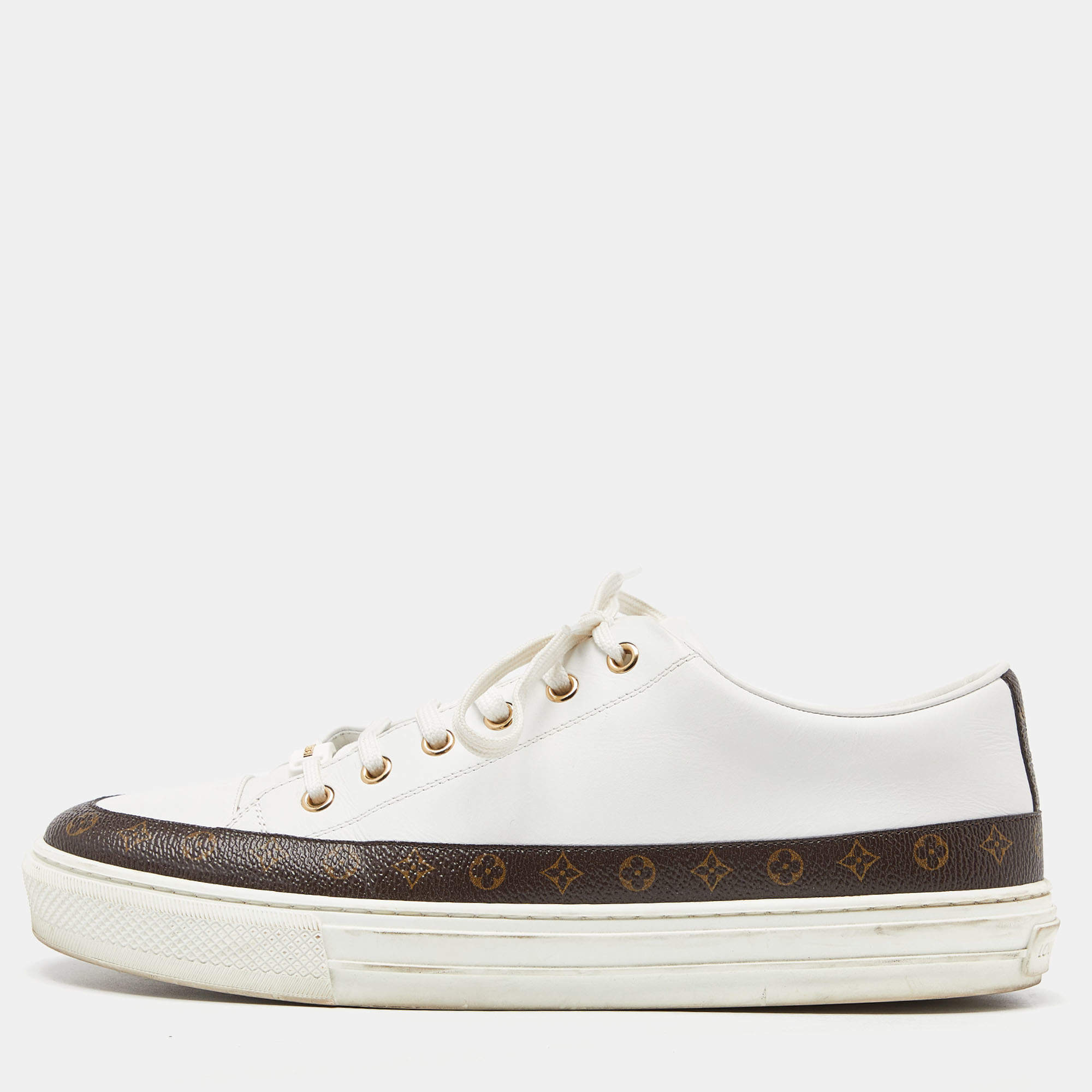 Louis Vuitton White/Brown Leather and Monogram Canvas Stellar Low Top Sneakers Size 41