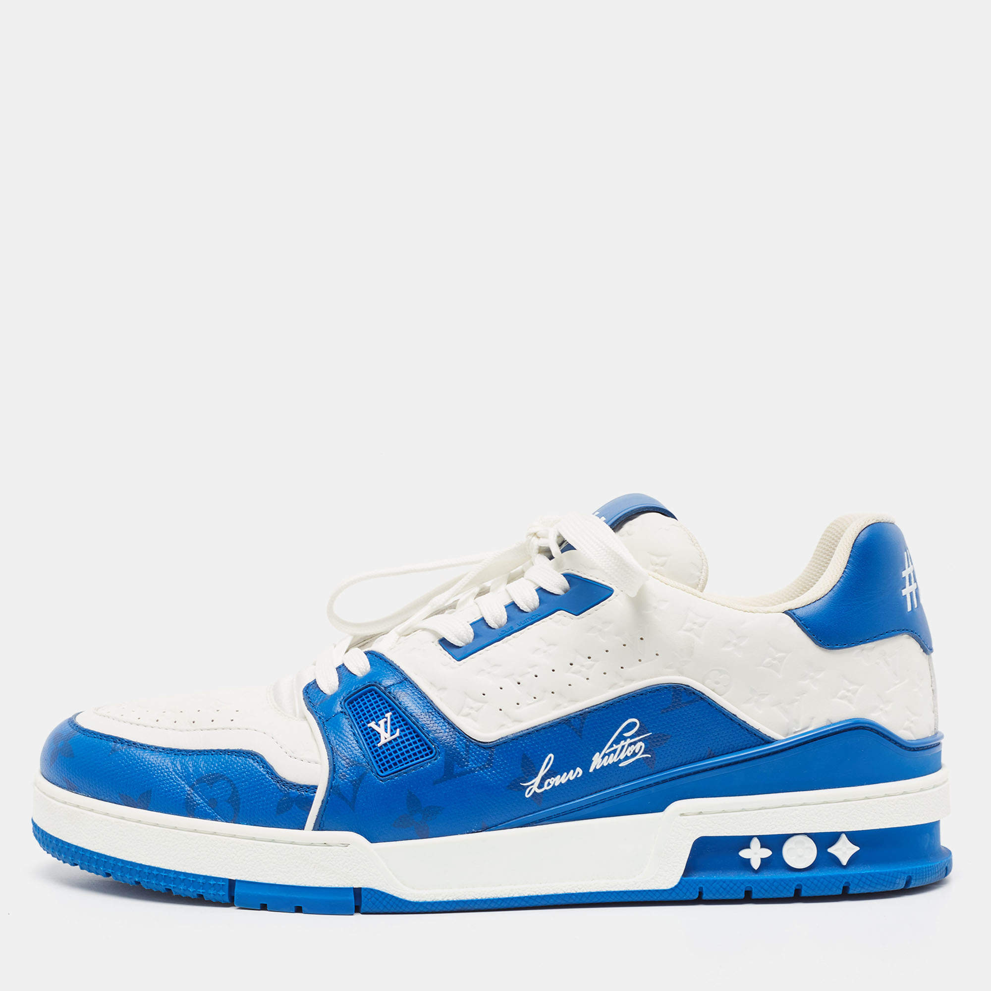Pre Owned Louis Vuitton Blue/White Leather LV Trainer Sneakers Size 45