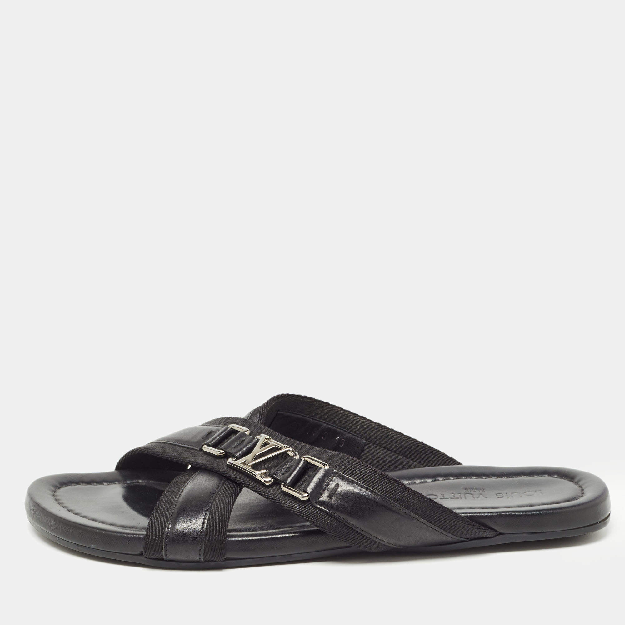 Louis Vuitton Black Leather and Canvas Criss Cross Slides Size 44