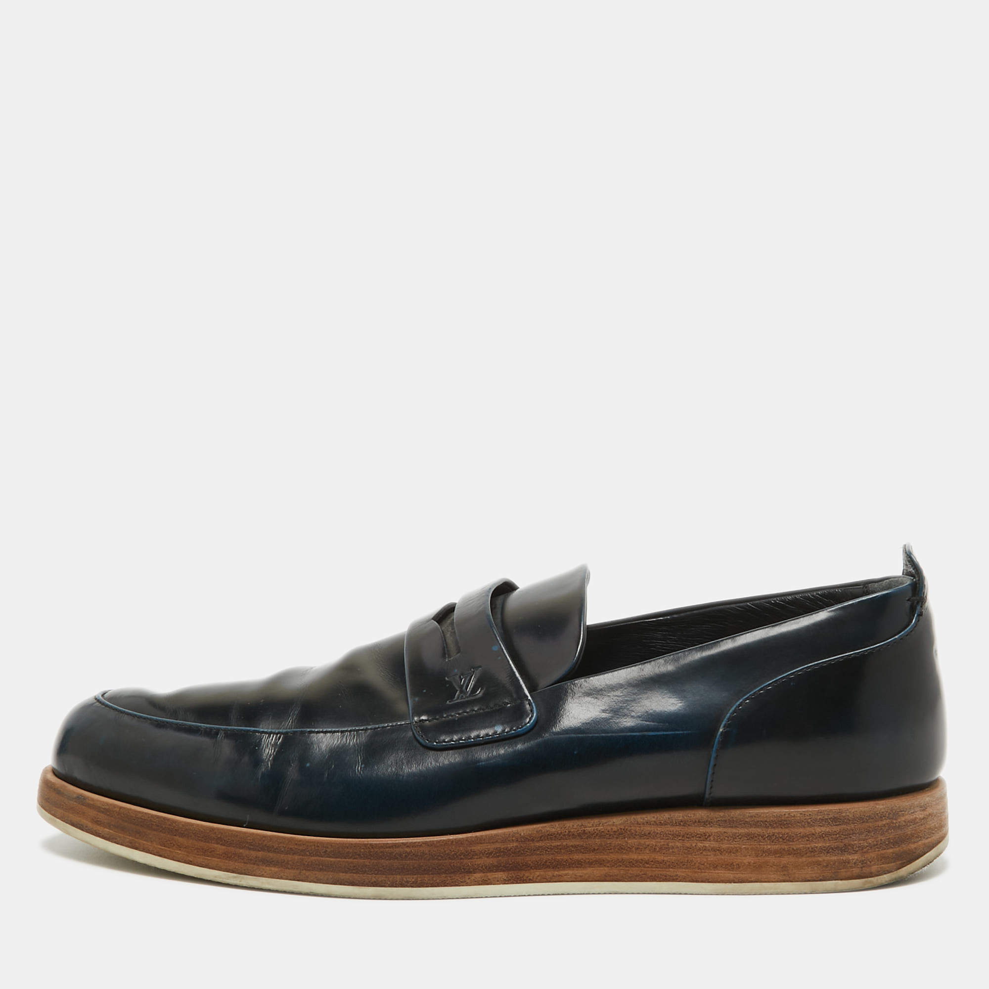 Louis Vuitton Navy Blue Perforated Leather Penny Loafers Size 42