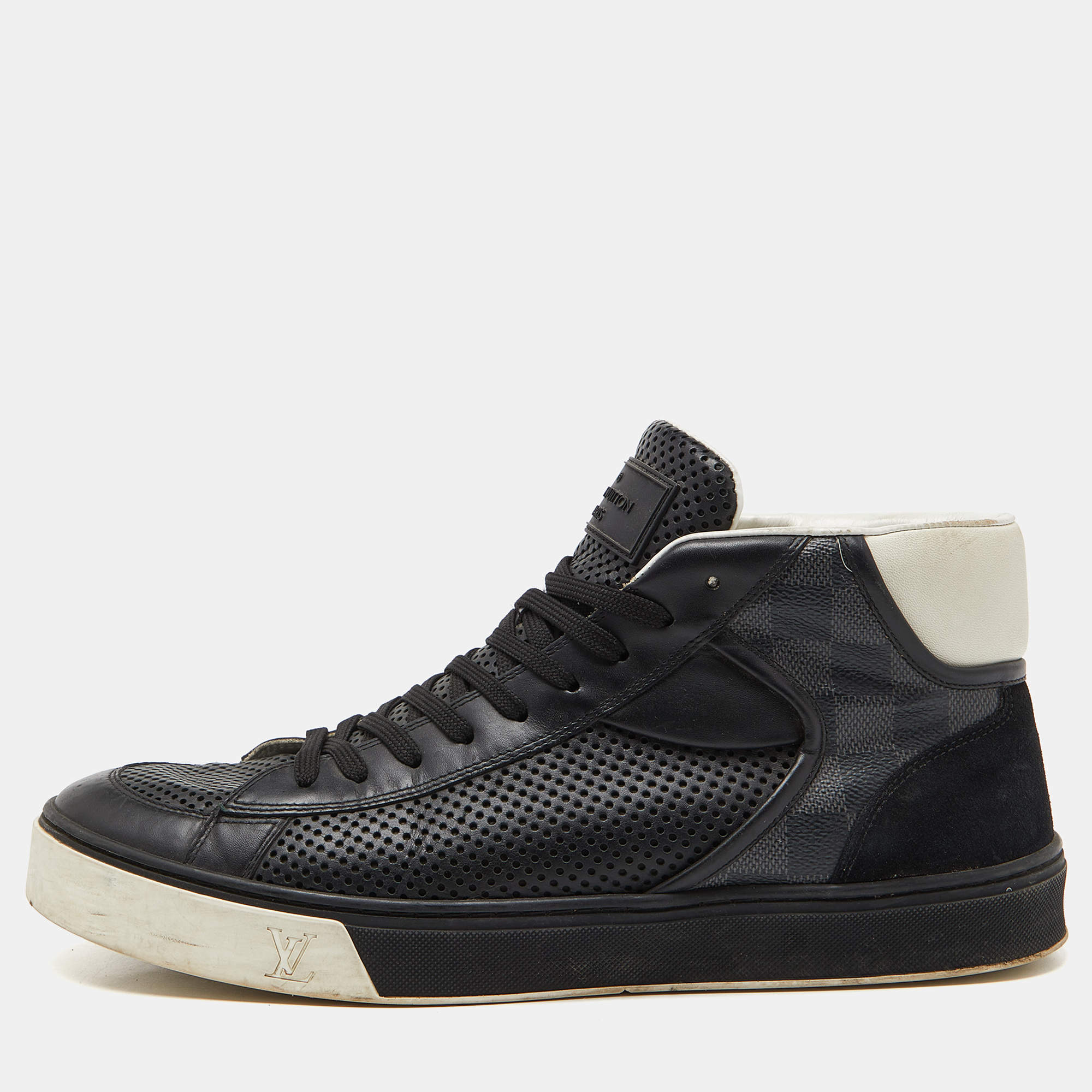 Louis Vuitton Black Leather,Monogram Canvas and Suede Line Up High Top Sneakers Size 43