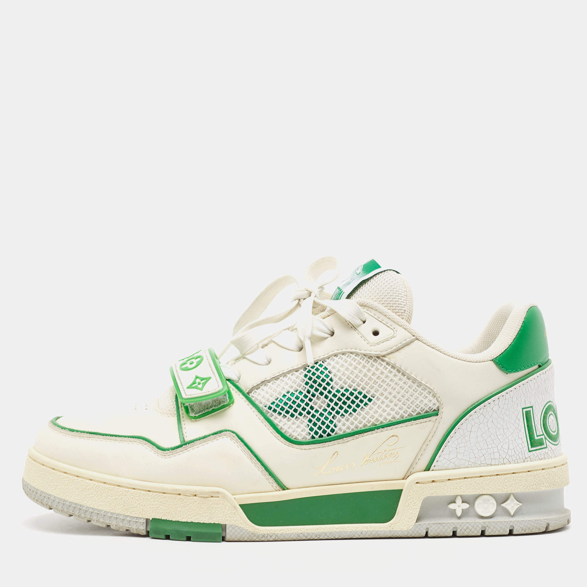 Louis Vuitton White/Green Leather and Mesh Low Top Sneakers Size 40