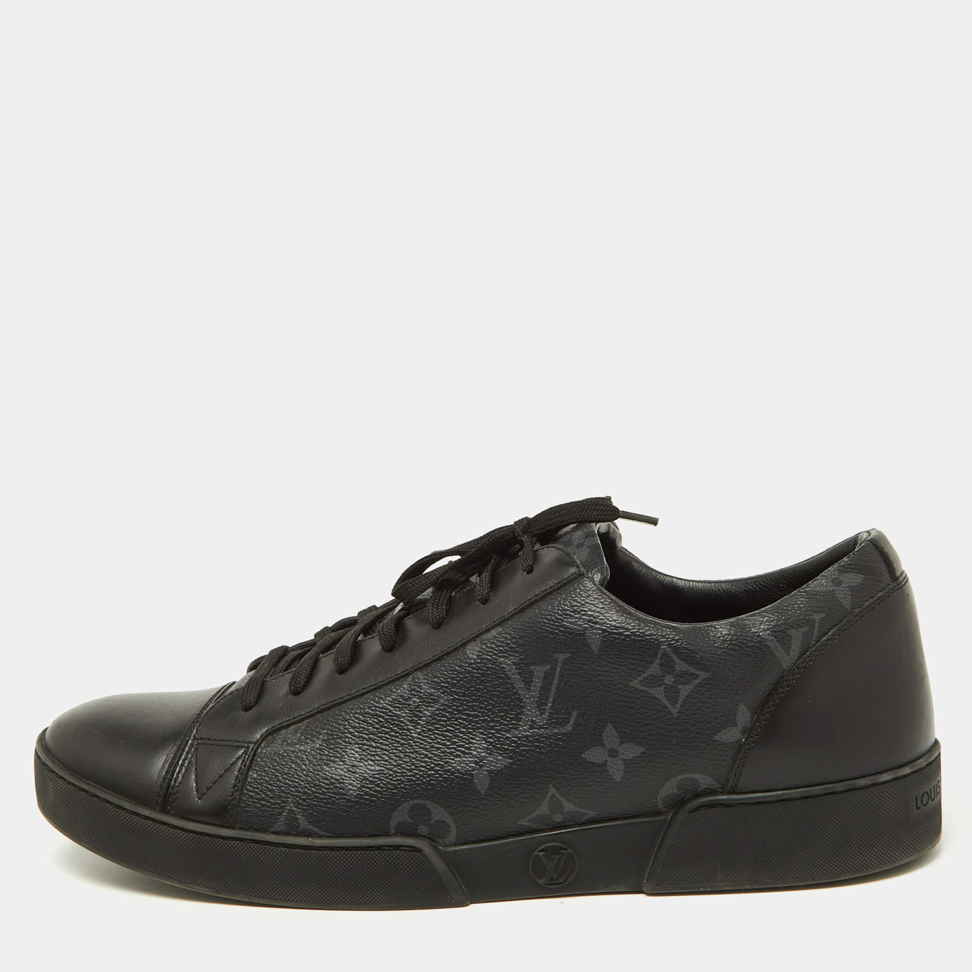 Louis Vuitton Black Leather and Monogram Eclipse Canvas Match Up Sneaker Size 42.5