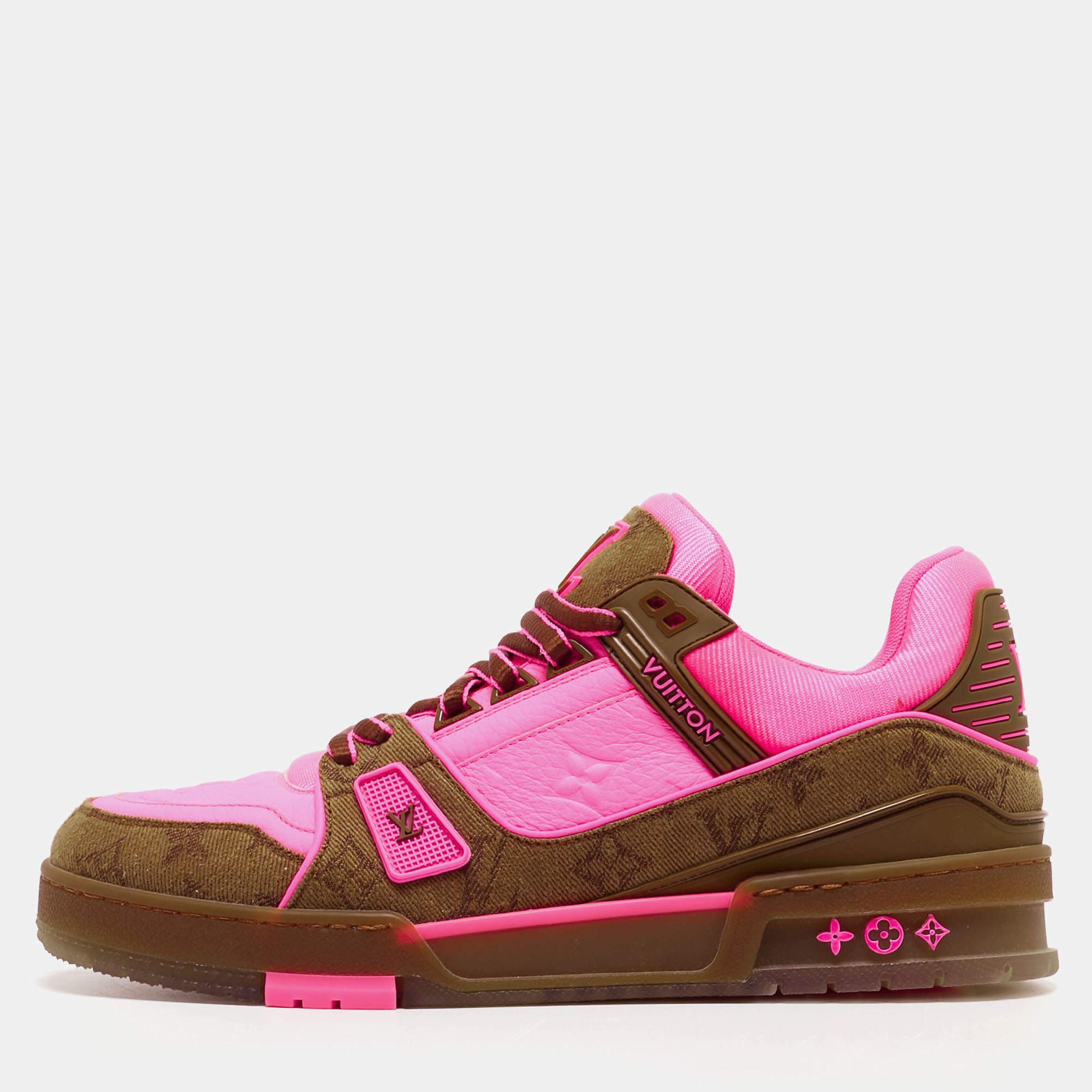 Pre Owned Louis Vuitton Neon Pink/Brown Monogram Leather and Canvas LV Trainer Sneakers Size 41