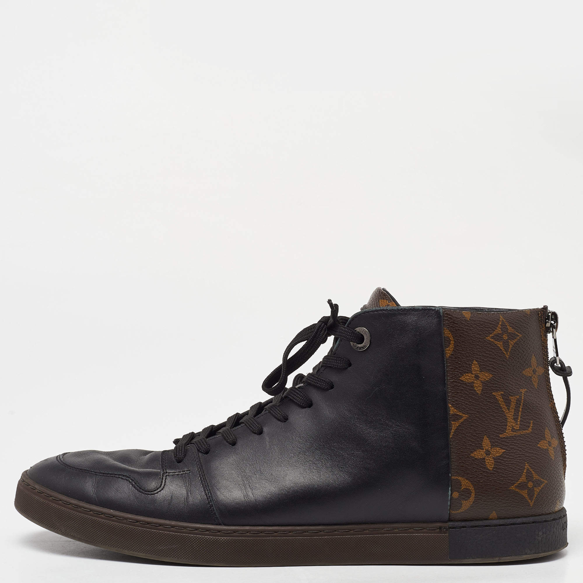 مملوكة مسبقًا Louis Vuitton Black/Brown Leather and Monogram Canvas High Top Sneakers Size 43
