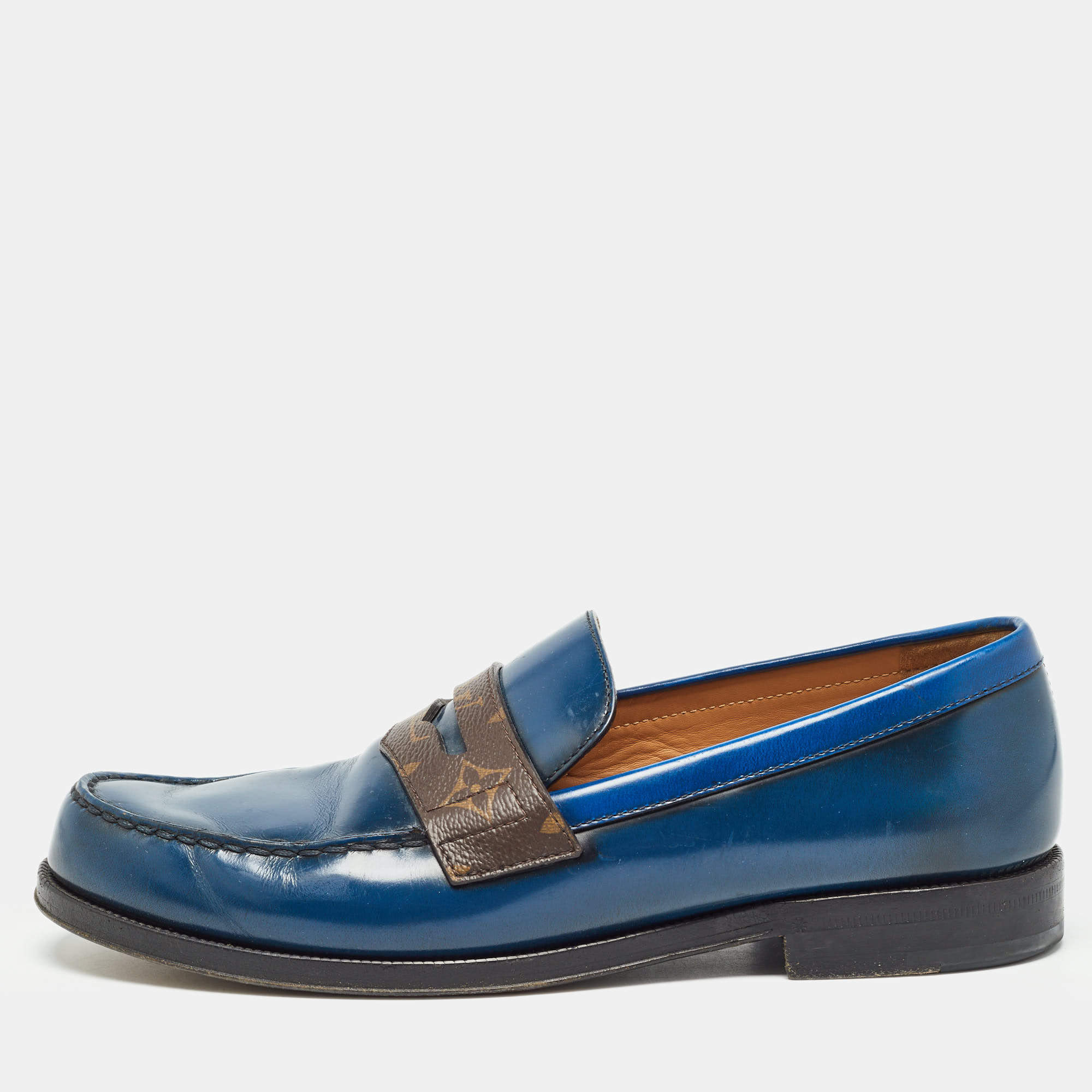 Louis Vuitton Navy Blue Leather and Monogram Canvas Penny Loafers Size 42