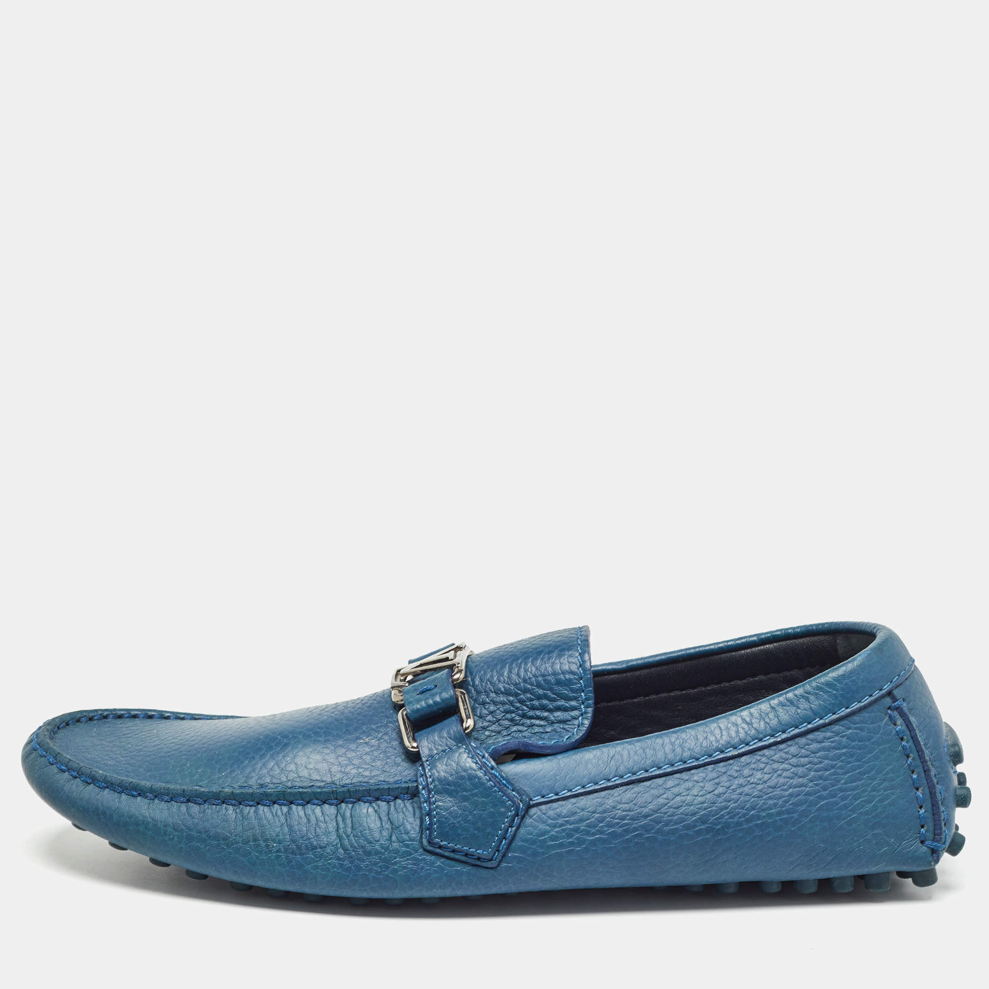 Pre Owned Louis Vuitton Blue Leather Hockenheim Slip On Loafers Size 42