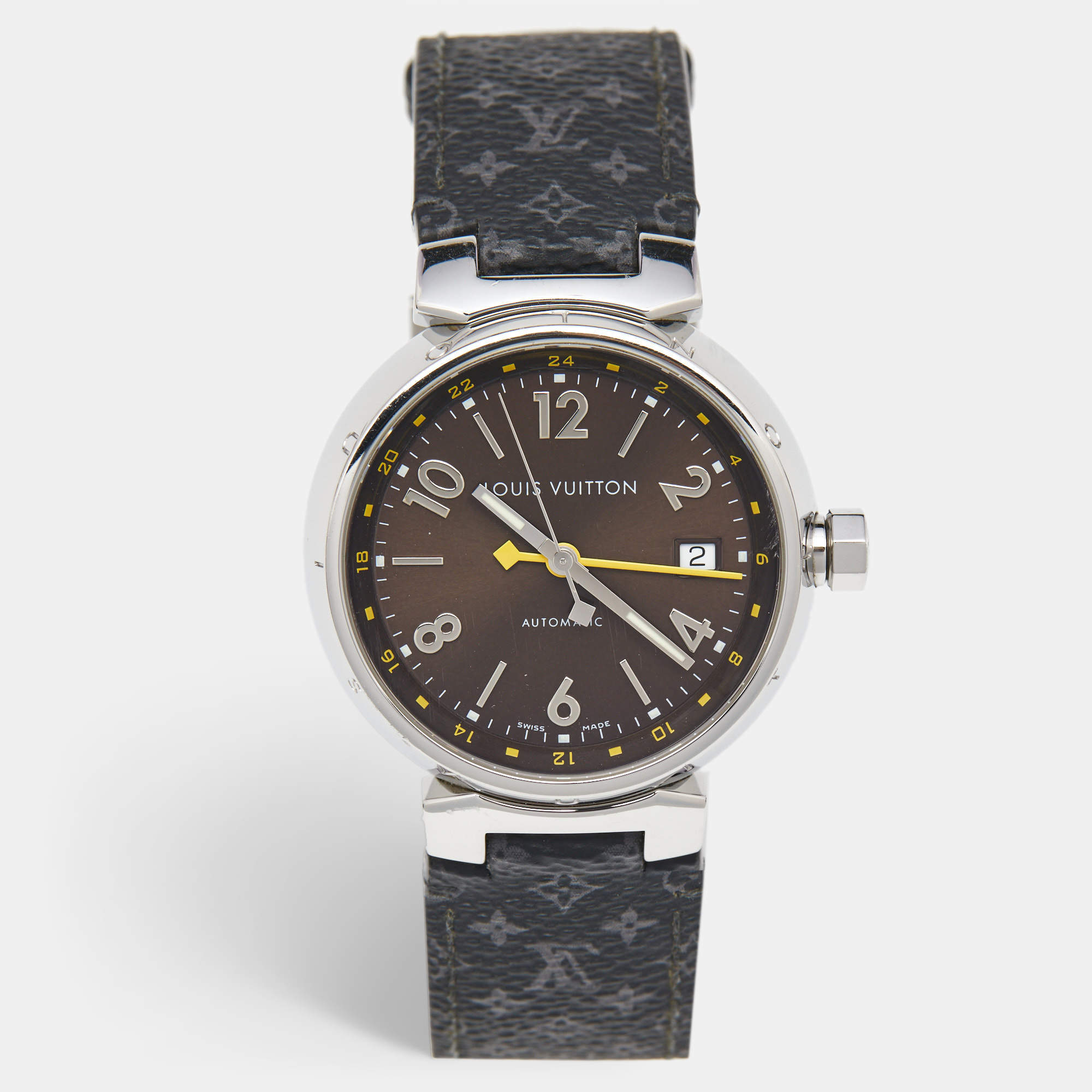 Louis Vuitton Brown Stainless Steel Leather Tambour GMT Q1131 Men's Wristwatch 39 mm