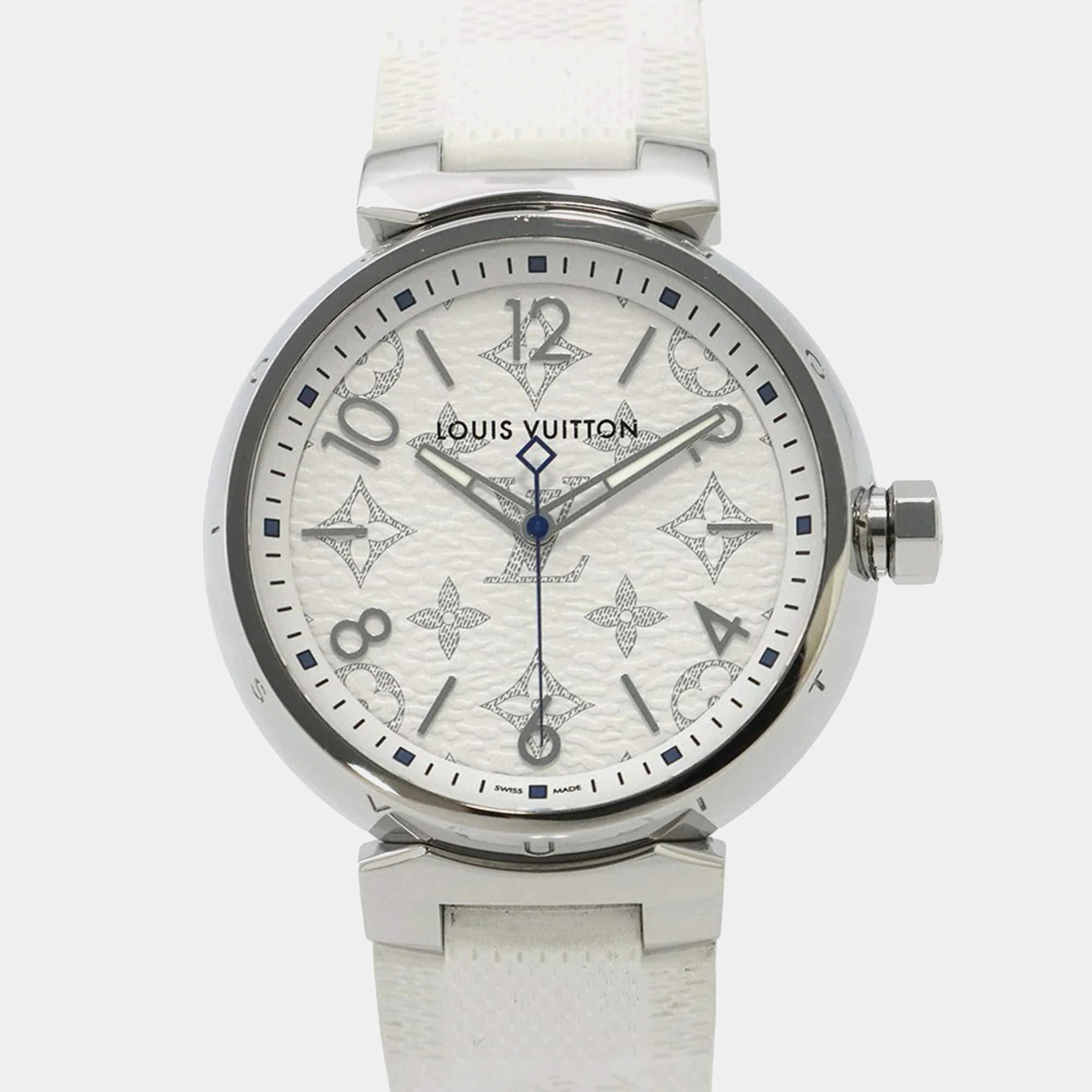 Pre Owned Louis Vuitton Tambour QA114Z Quartz White Stainless Steel Men's Wristwatch 41.5 mm