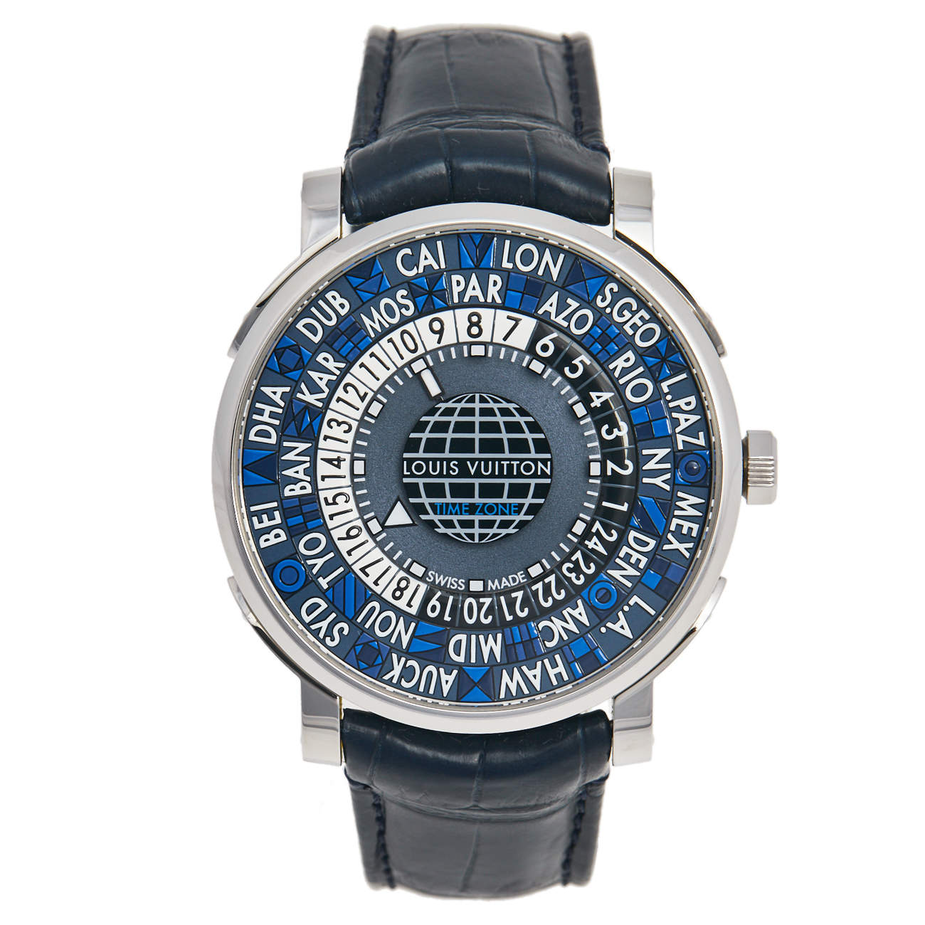 Louis Vuitton Blue Stainless Steel Alligator Escale Timezone Q5D22 Men's Wristwatch 41 mm