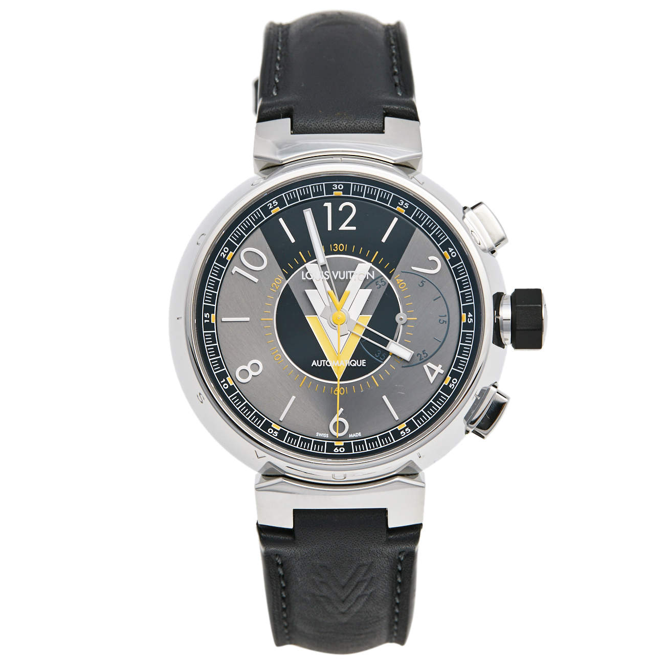 Louis Vuitton Grey Stainless Steel Leather Tambour VVV Chronograph Q1A60 Men's Wristwatch 44 mm