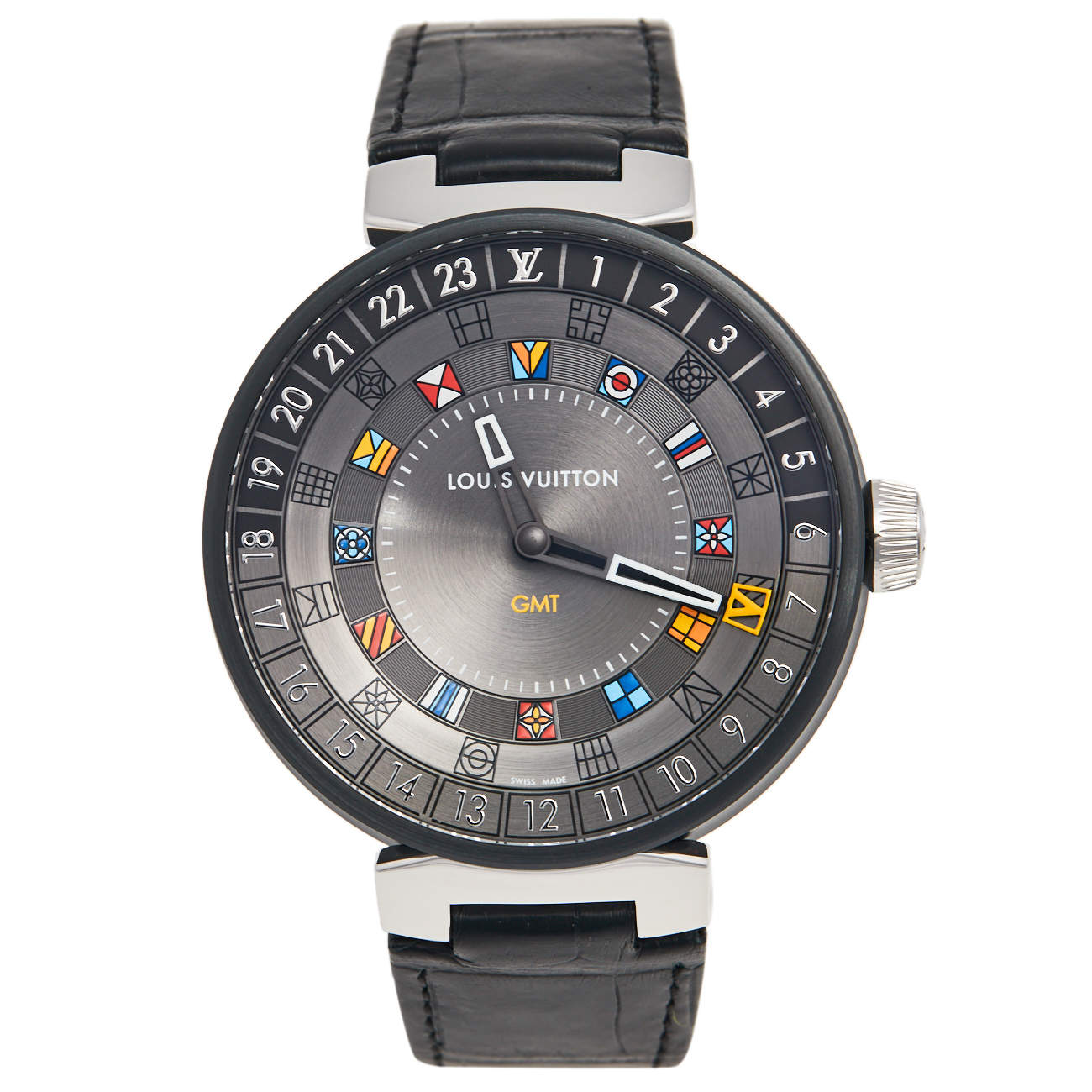 Louis Vuitton Grey PVD Coated Stainless Steel Alligator Moon Dual Time QA097 Men's Wristwatch 44 mm
