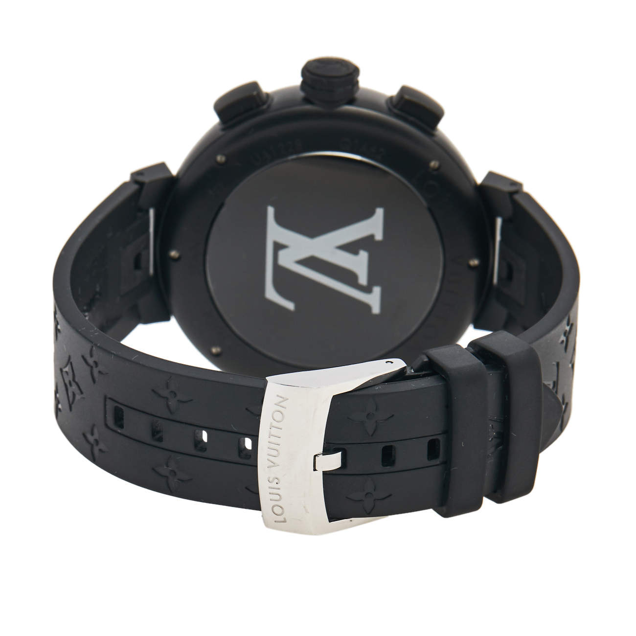 Authenticated used Louis Vuitton Louis Vuitton Tambour Chrono All Black Q1A62 Men's Ss/Rubber Watch Automatic Black/Gray Dial, Size: Case Diameter