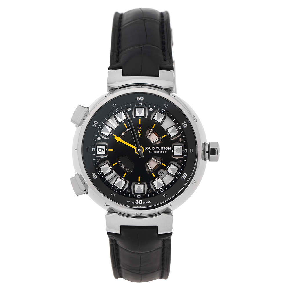 Louis Vuitton Black 18K White Gold Alligator Tambour Spin GMT Q10C3 Men's Wristwatch 44 mm