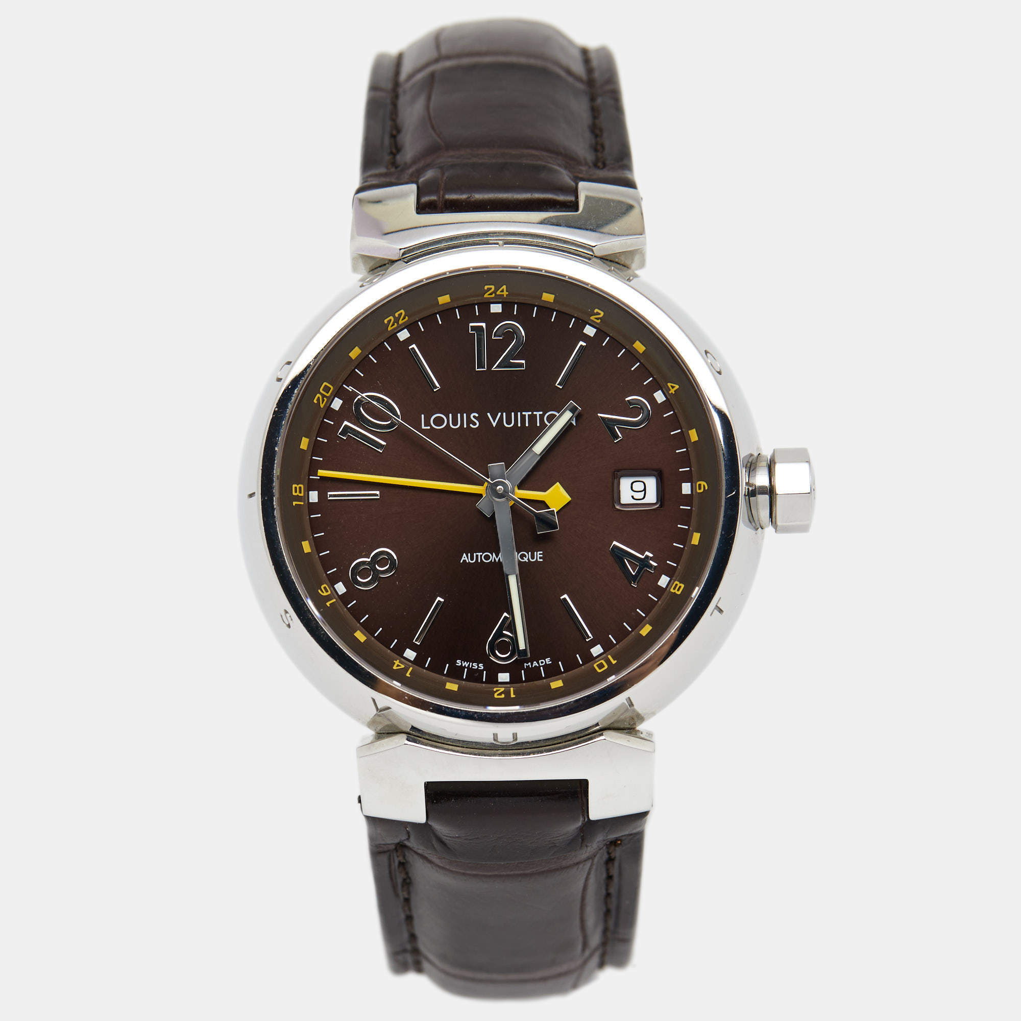 Louis Vuitton Brown Stainless Steel Alligator Tambour GMT Q1131 Men's  Wristwatch 39 mm