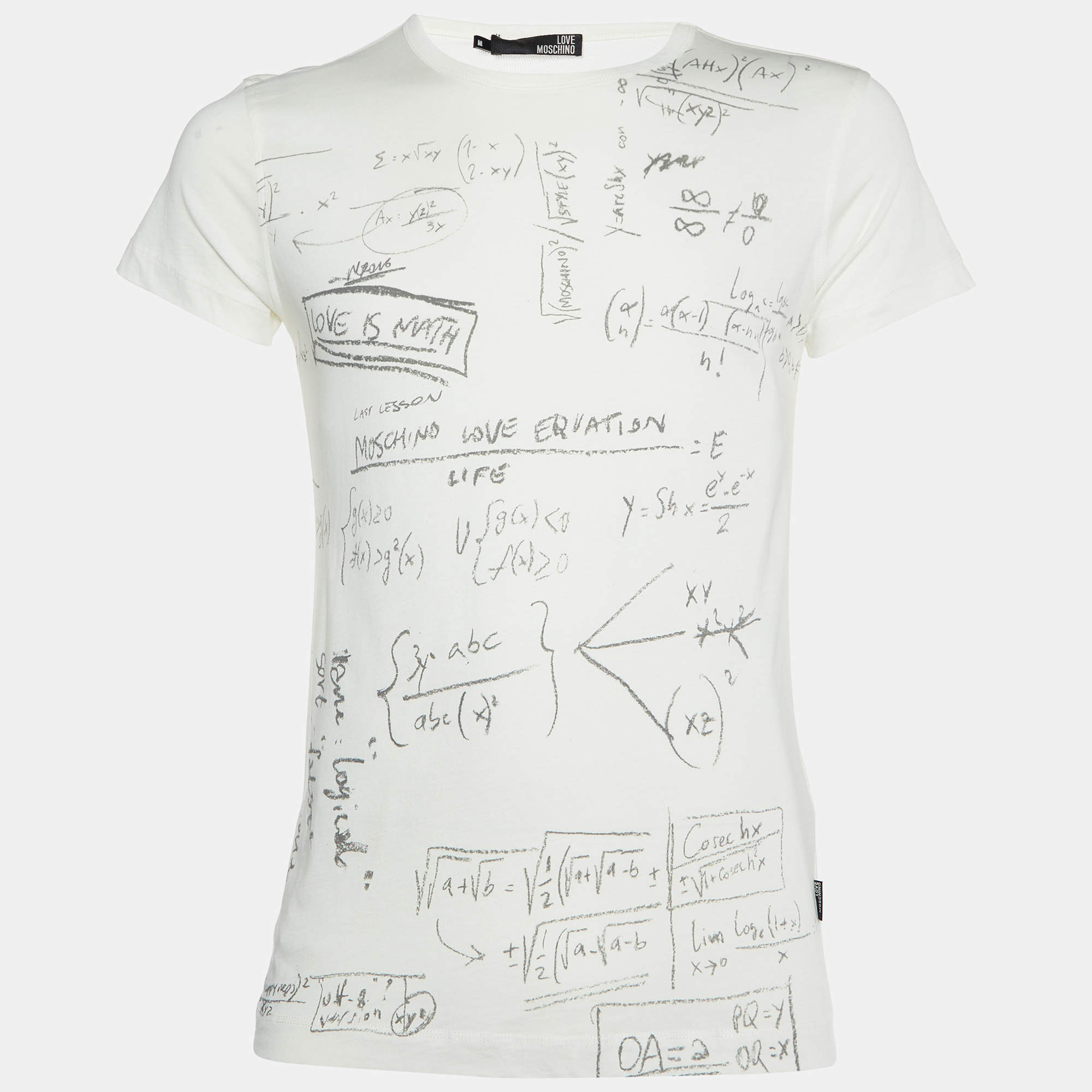 Pre Owned Love Moschino Ivory Math Scribble Print Cotton Crew Neck T-Shirt M