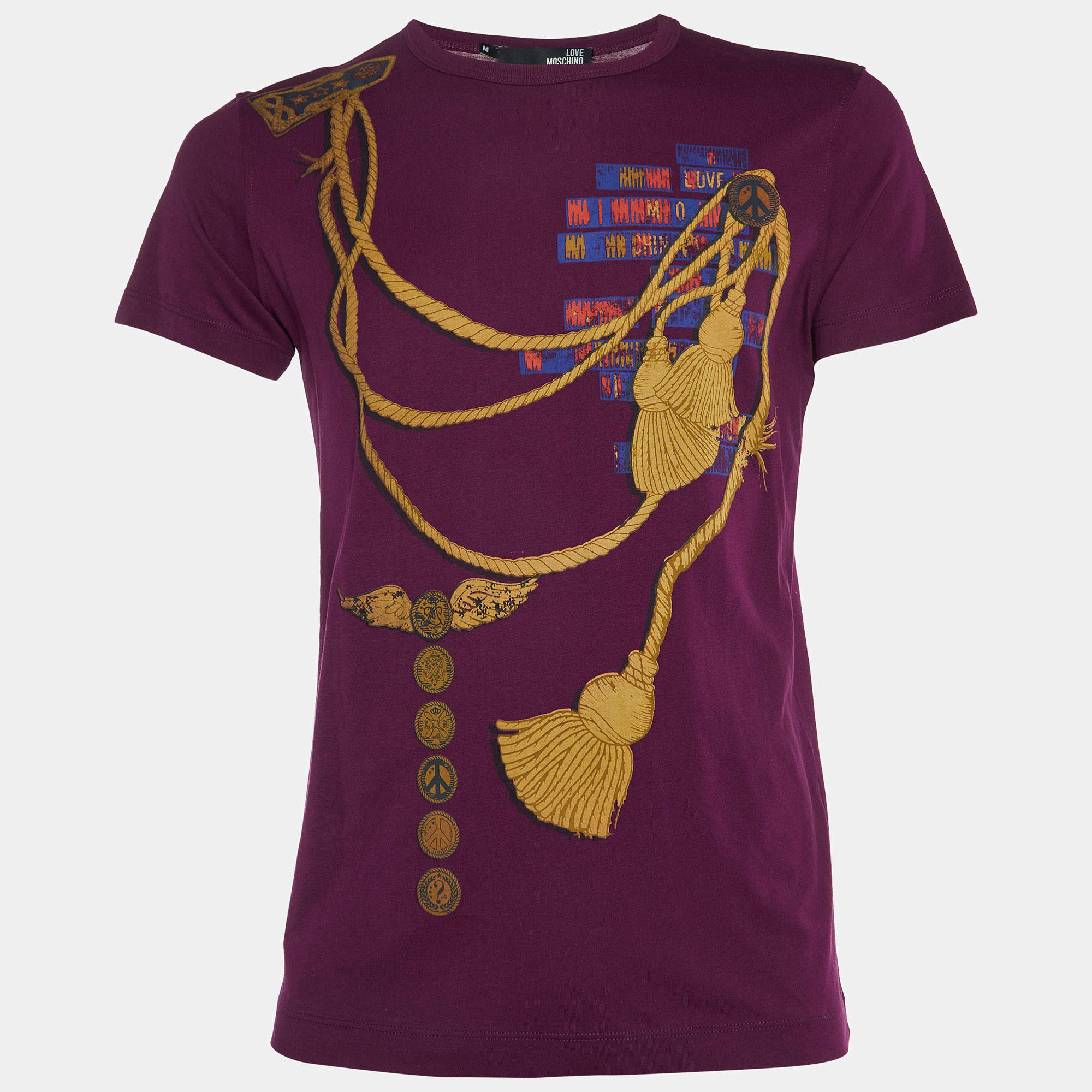 Pre Owned Love Moschino Plum Trompe L'oeil Print Cotton Crew Neck T-Shirt M