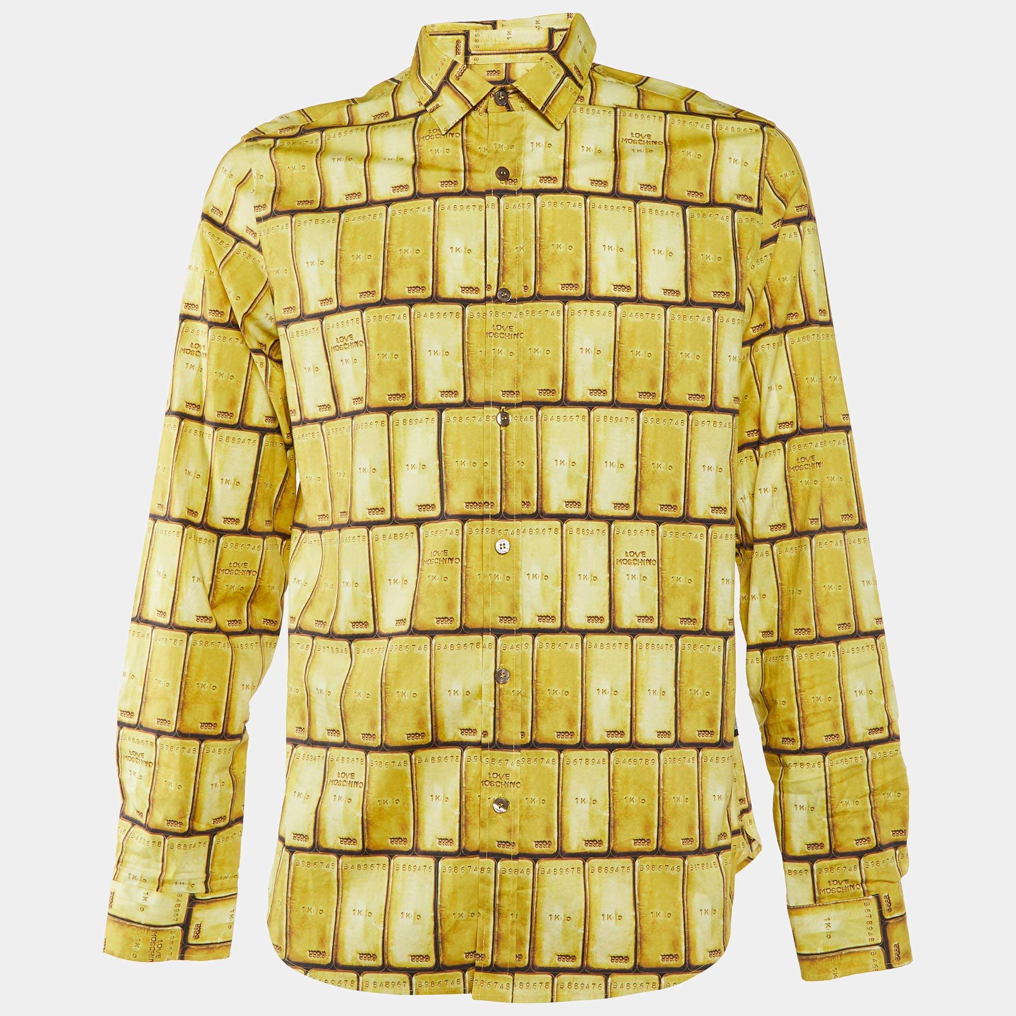 Love Moschino Yellow Gold Bar Print Cotton Long Sleeve Shirt L