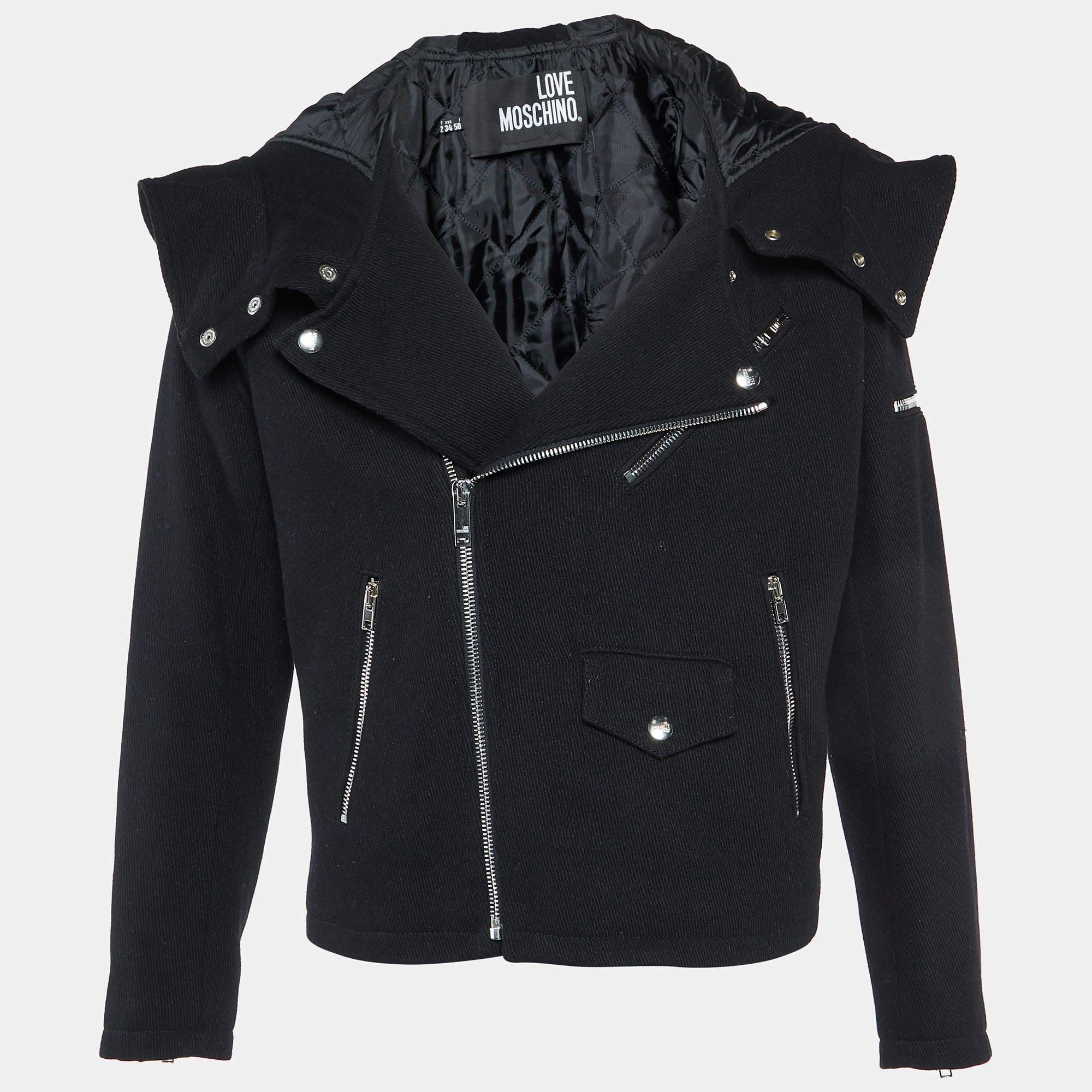 Love Moschino Black Wool Blend Zip Detail Hoodie Jacket L