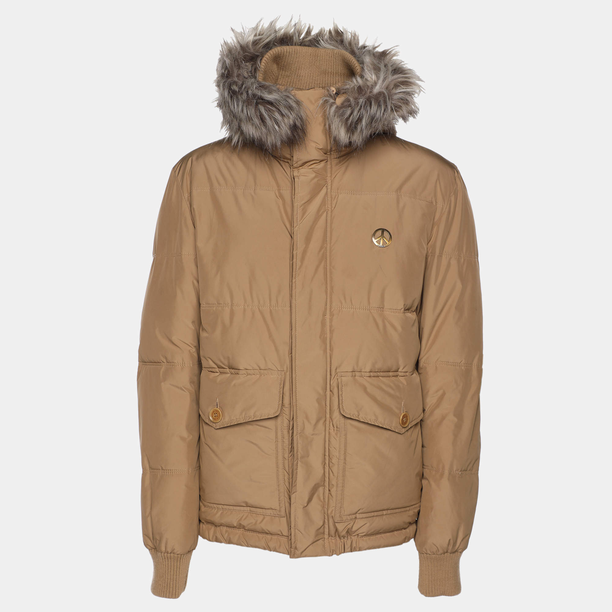 Love Moschino Beige Nylon Wool Puffer Hooded Jacket L