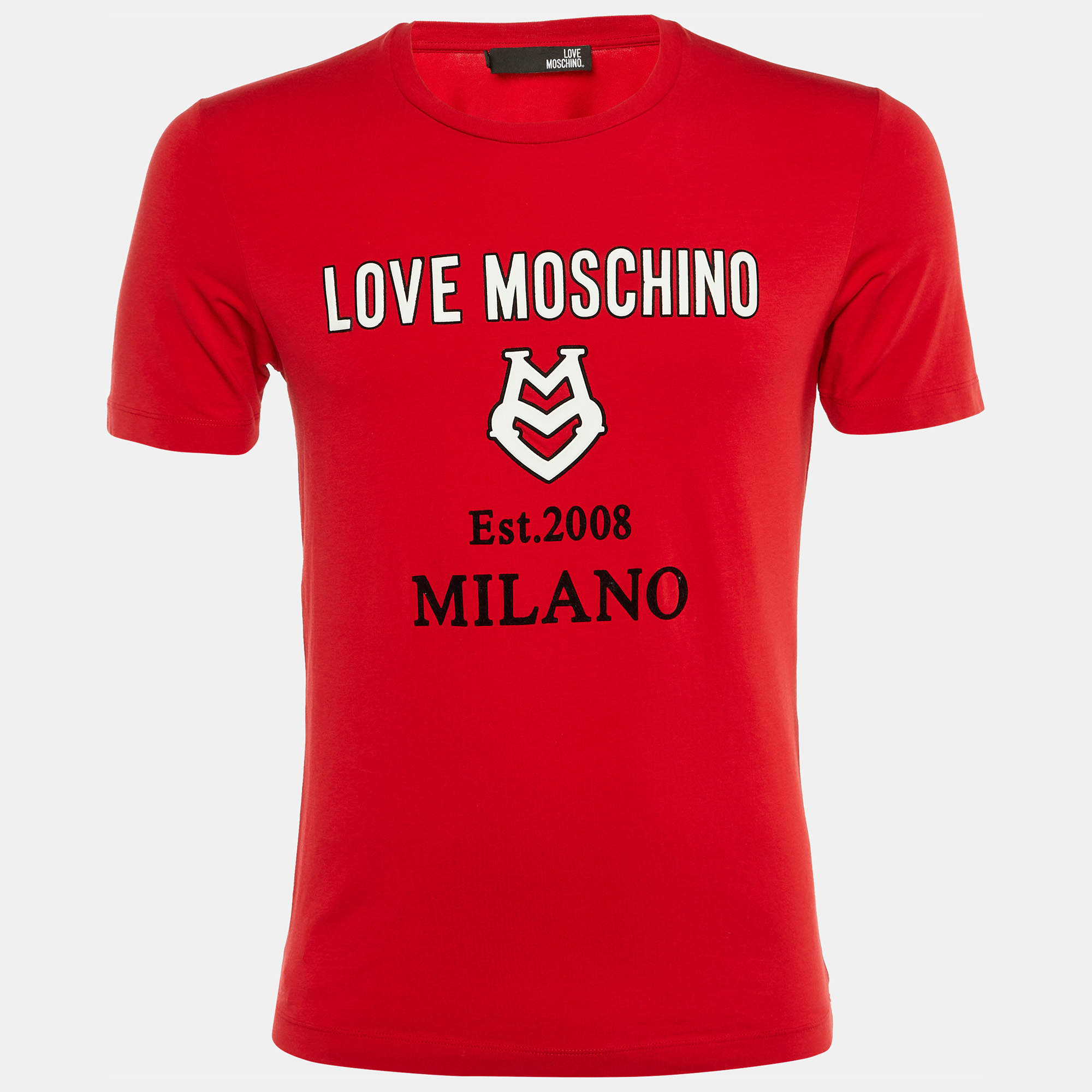 Pre Owned Love Moschino Red Logo Print Cotton Crew Neck T-Shirt M