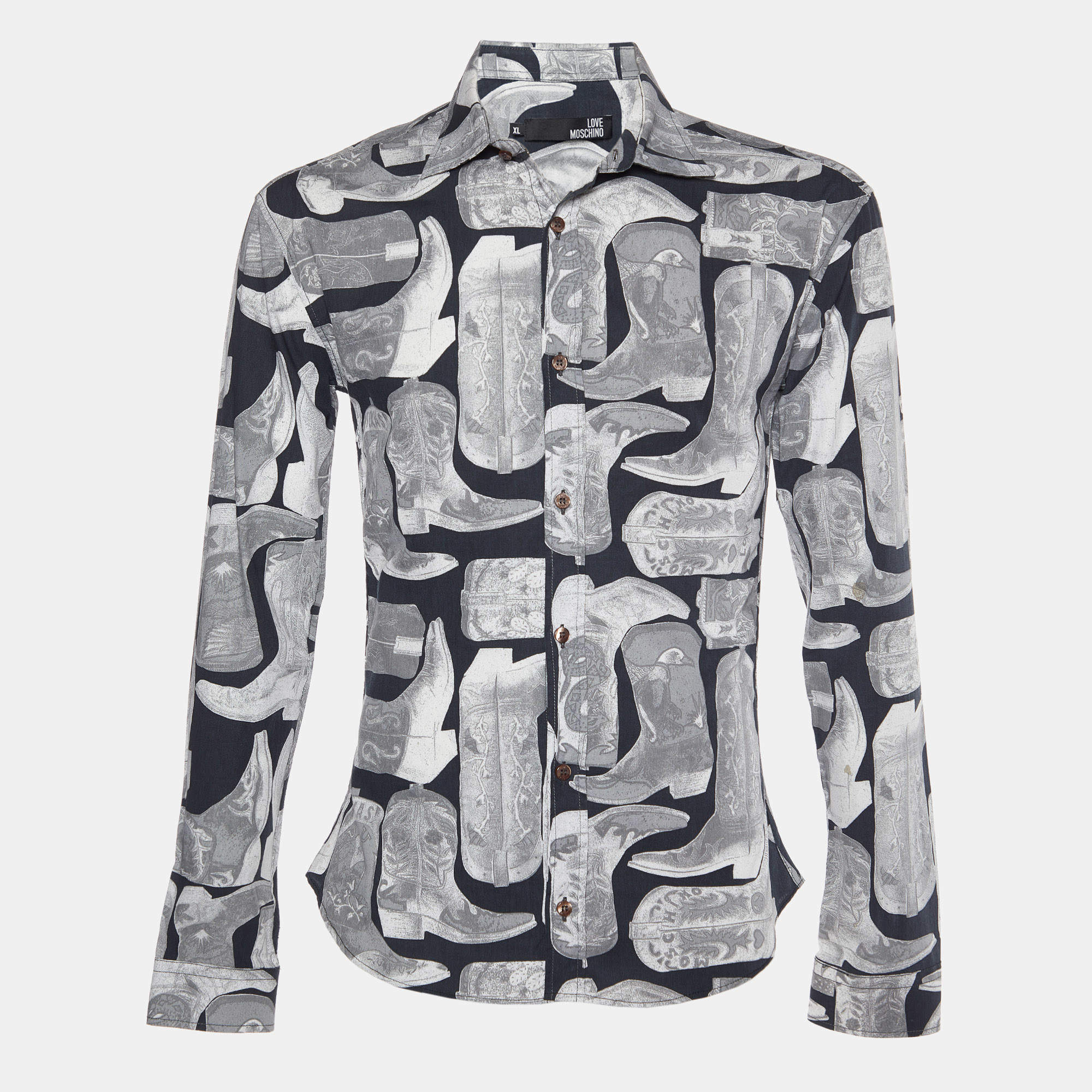 Love Moschino Grey Boots Print Poplin Shirt XL