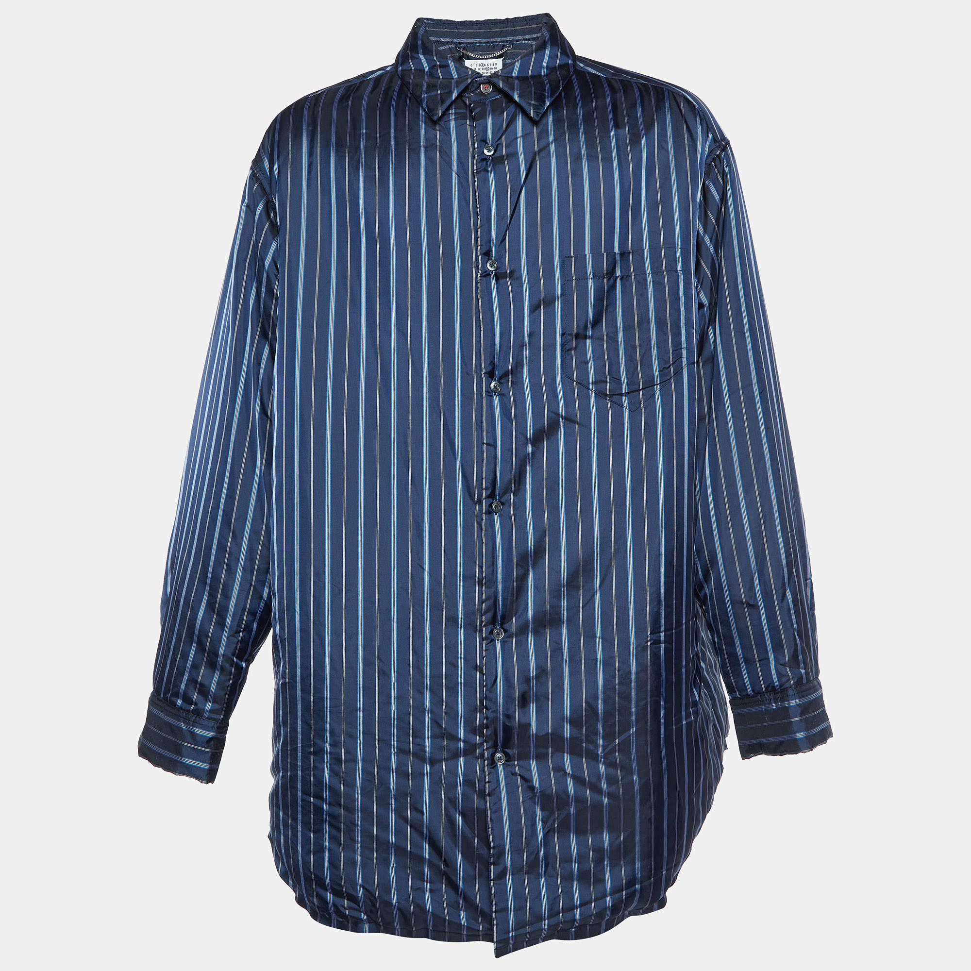 Pre Owned Maison Margiela Navy Blue Striped Satin Padded Overshirt L