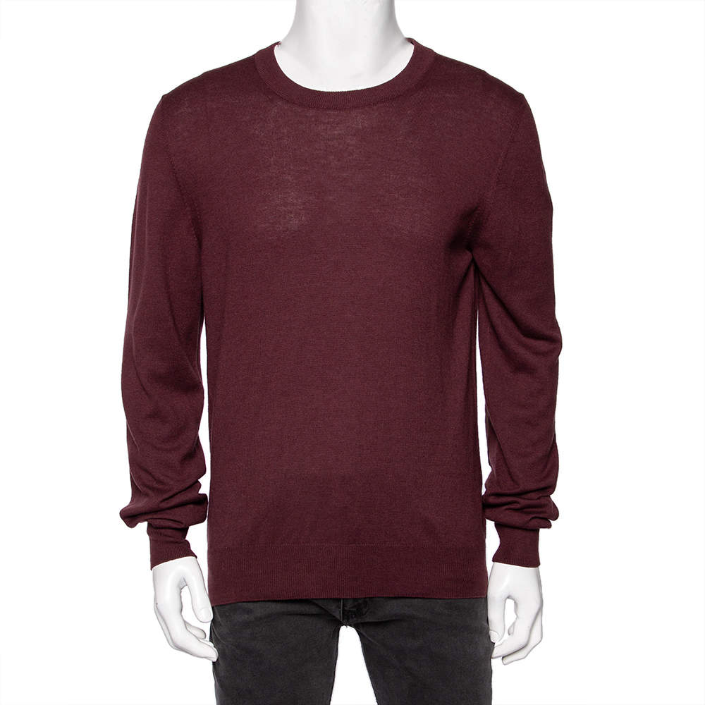 Pre Owned Maison Martin Margiela Burgundy Knit Suede Patch Detailed Jumper L