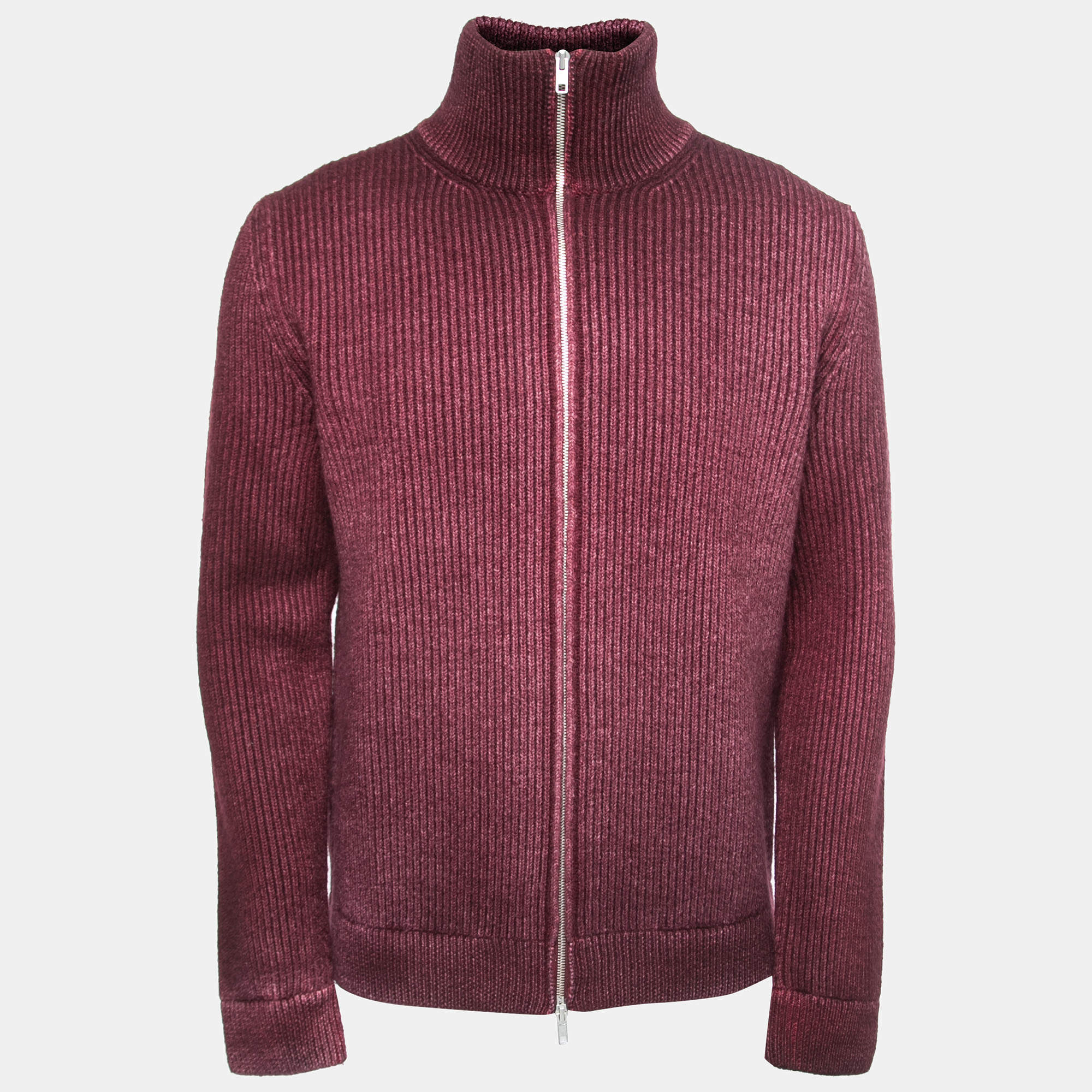 Pre Owned Maison Martin Margiela Burgundy Rib Knit Wool Zip Font Cardigan L