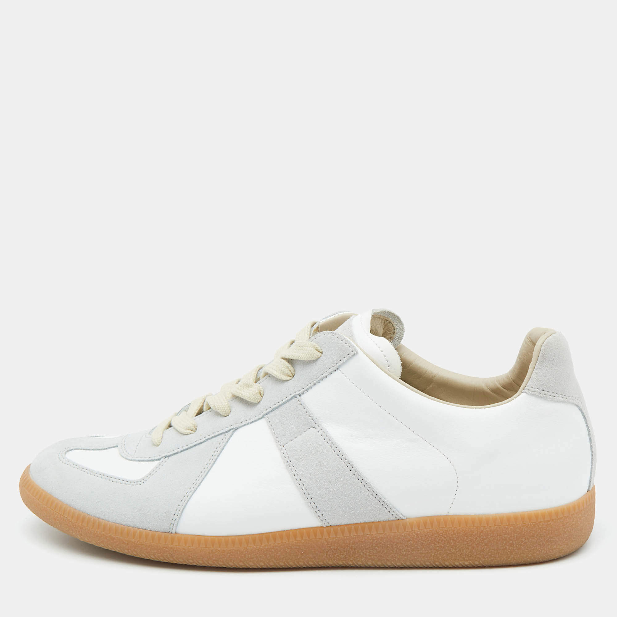 Pre Owned Maison Martin Margiela White/Grey Leather and Suede Replica Sneakers Size 47