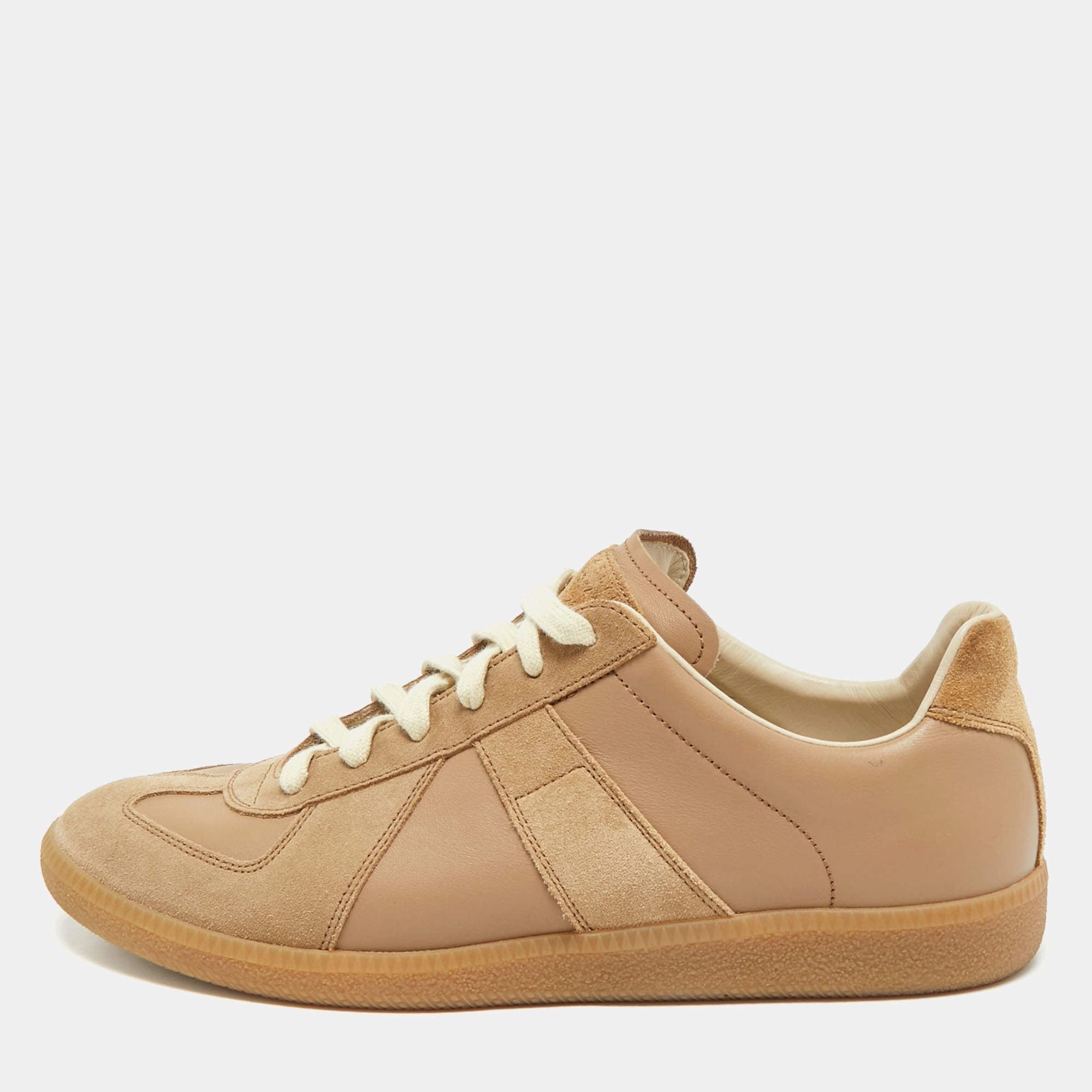 Pre Owned Maison Martin Margiela Beige Leather and Suede Replica Lace Up Sneakers Size 42.5