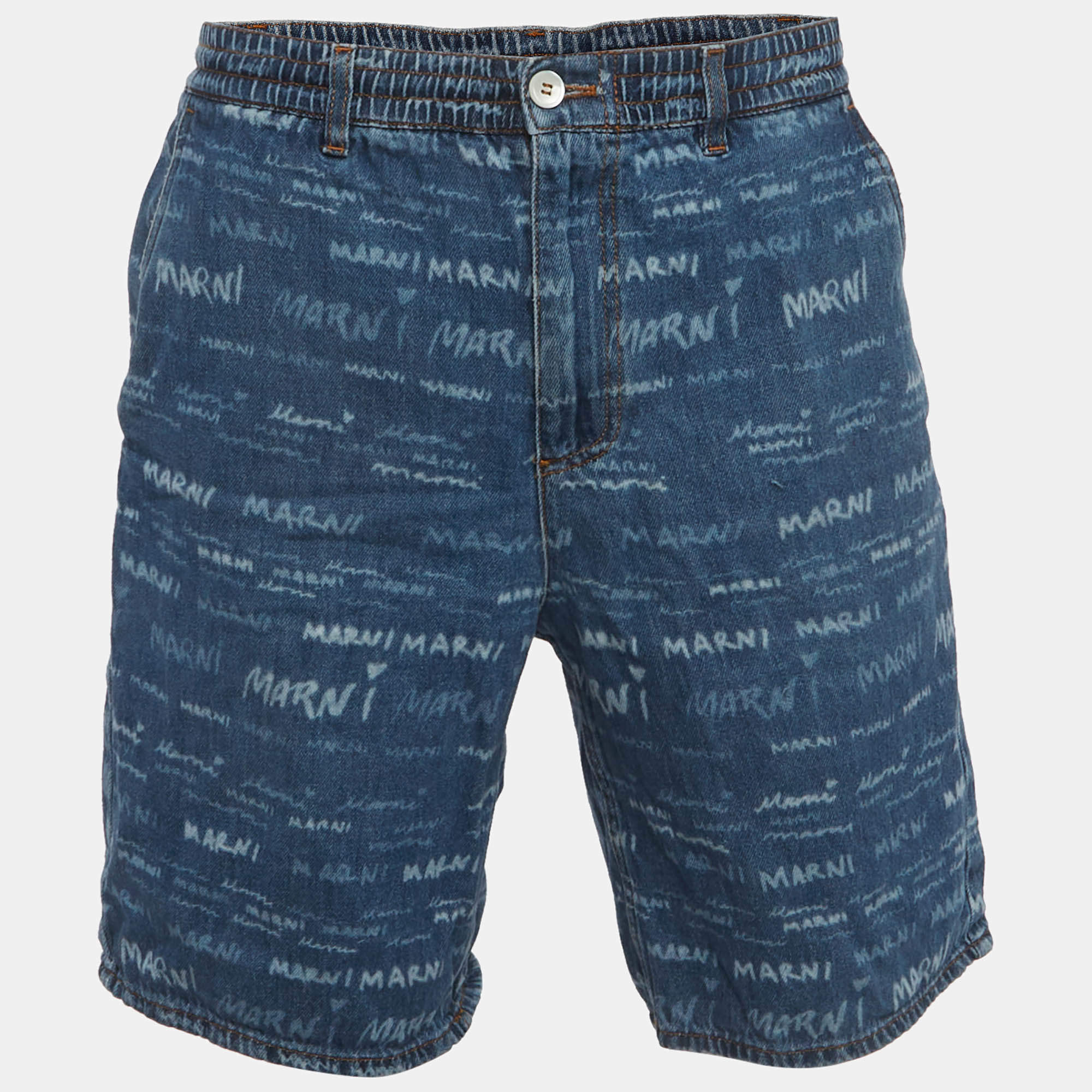Pre Owned Marni Blue Logo Print Denim Drawstring Shorts M