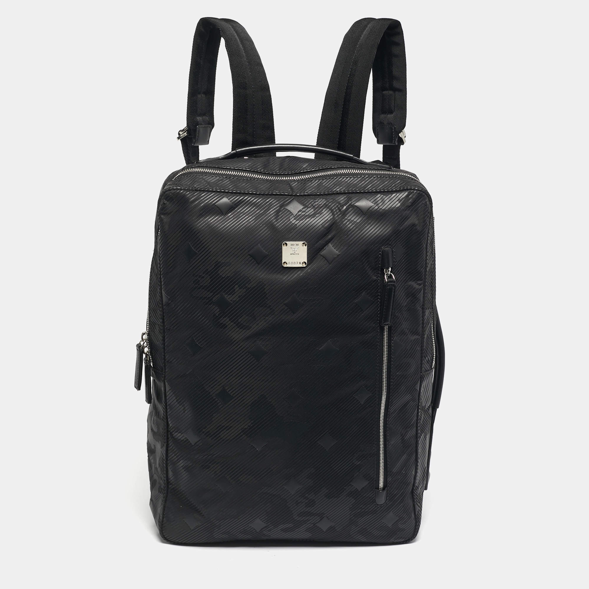 Pre Owned MCM Black Camouflage Textured Nylon Medium Dieter Backpack