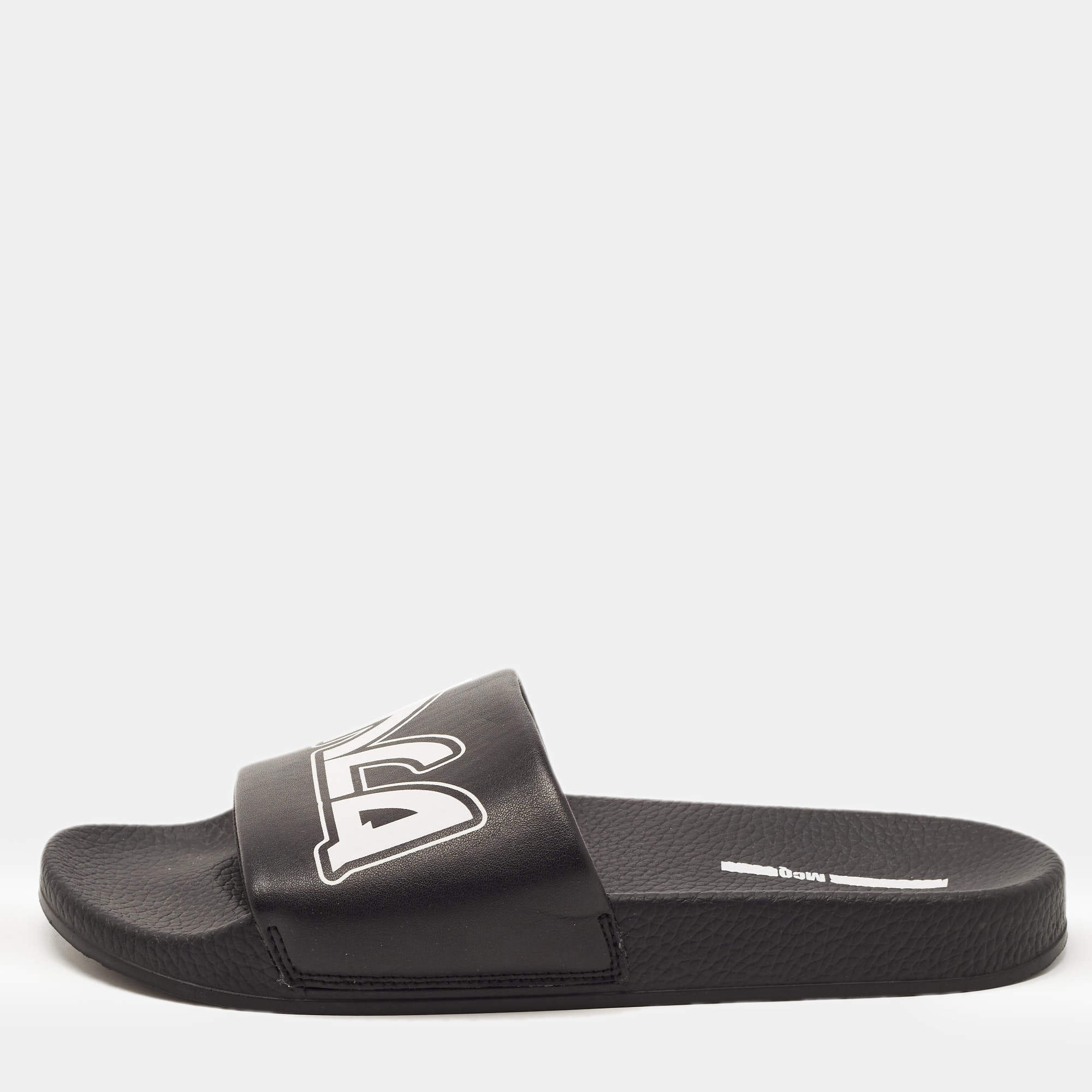 Pre Owned McQ by Alexander McQueen Black Faux Leather Logo Slides Size 42